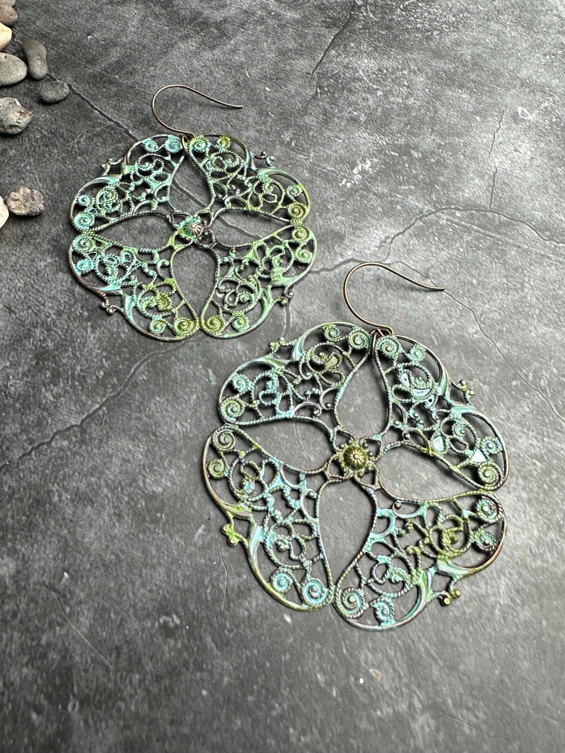 Oversized Filigree Statement Earrings - Patina Brass