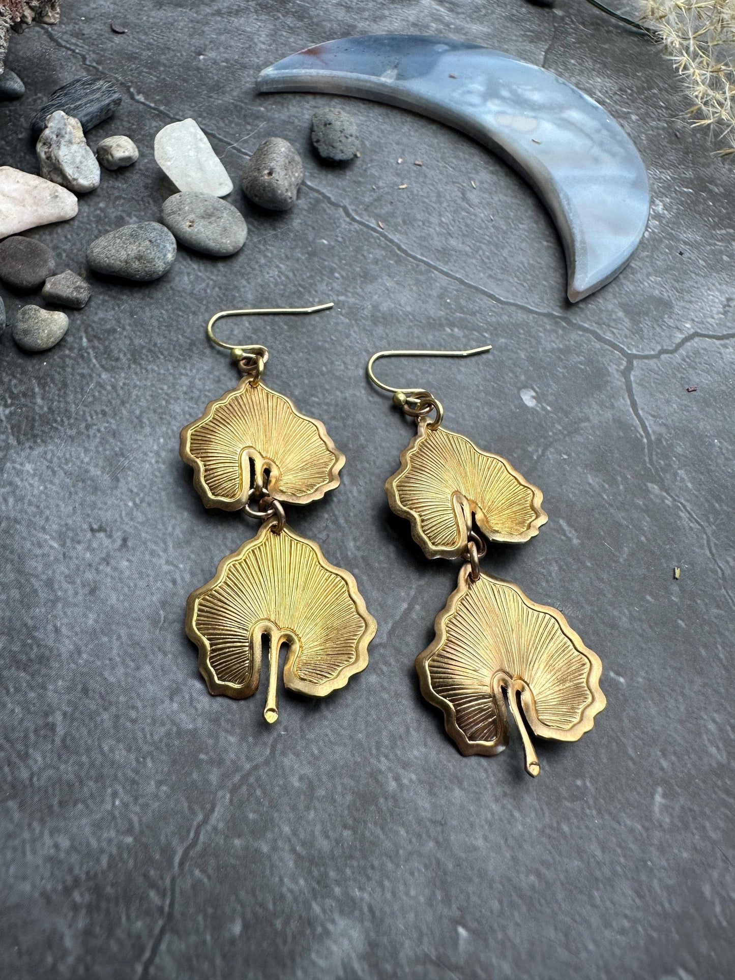 Botanical Leaf Earrings - Vintage Tooled Solid Brass