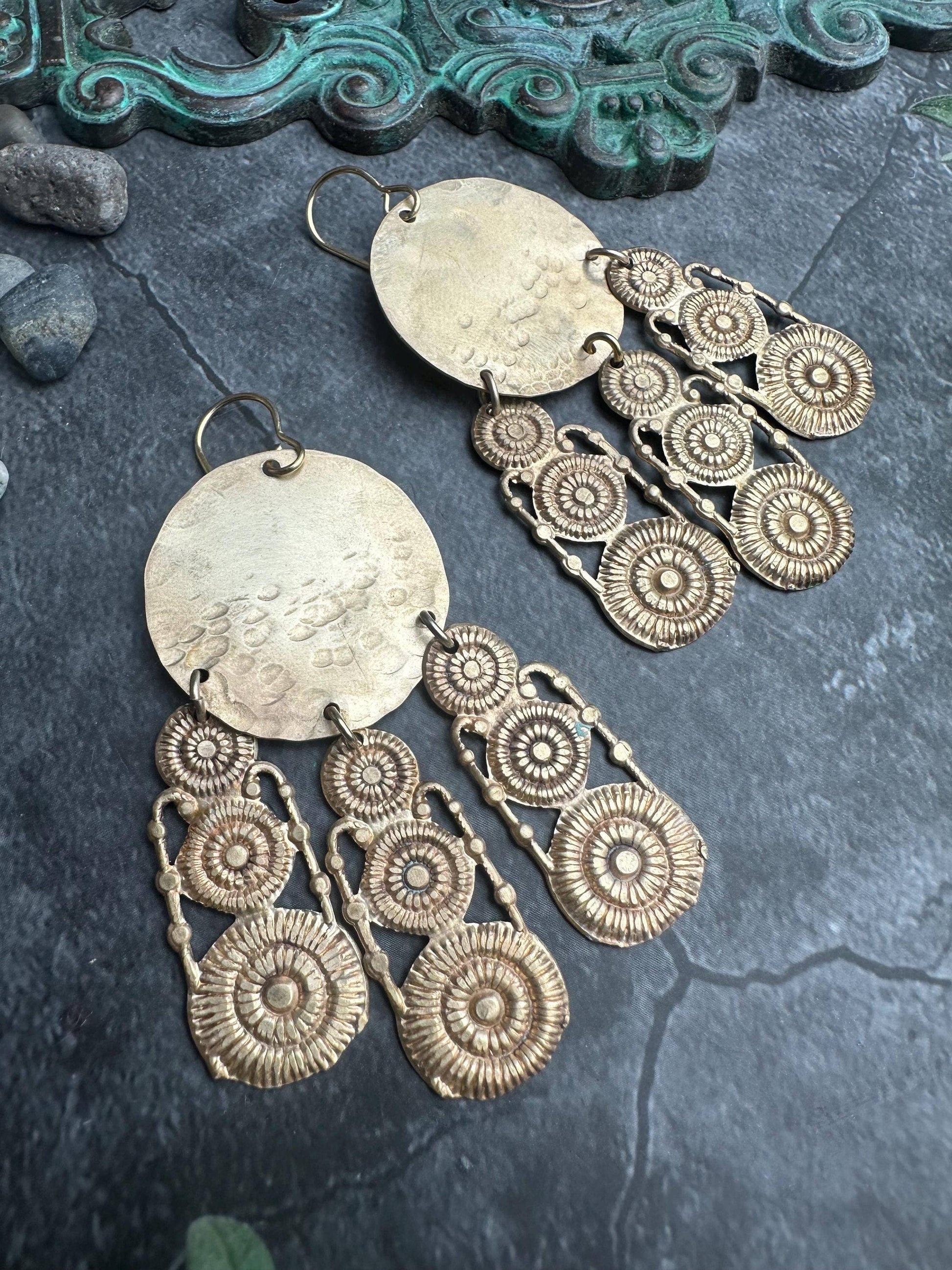 Brass Sunburst Fringe Earrings