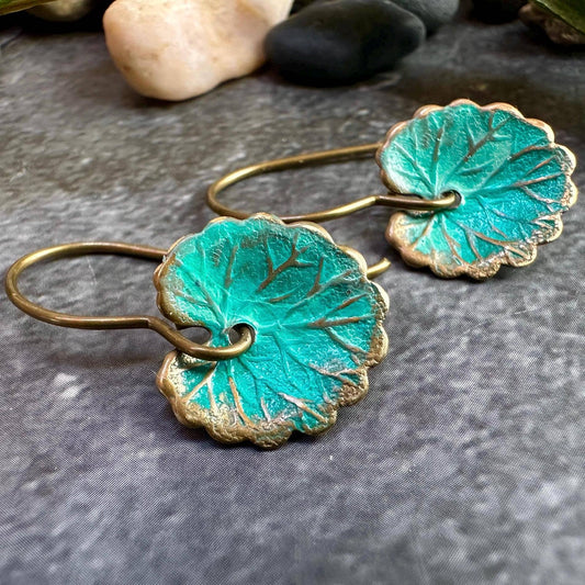 Lily Pad Leaf Earrings: Handmade Brass with Tiffany Green