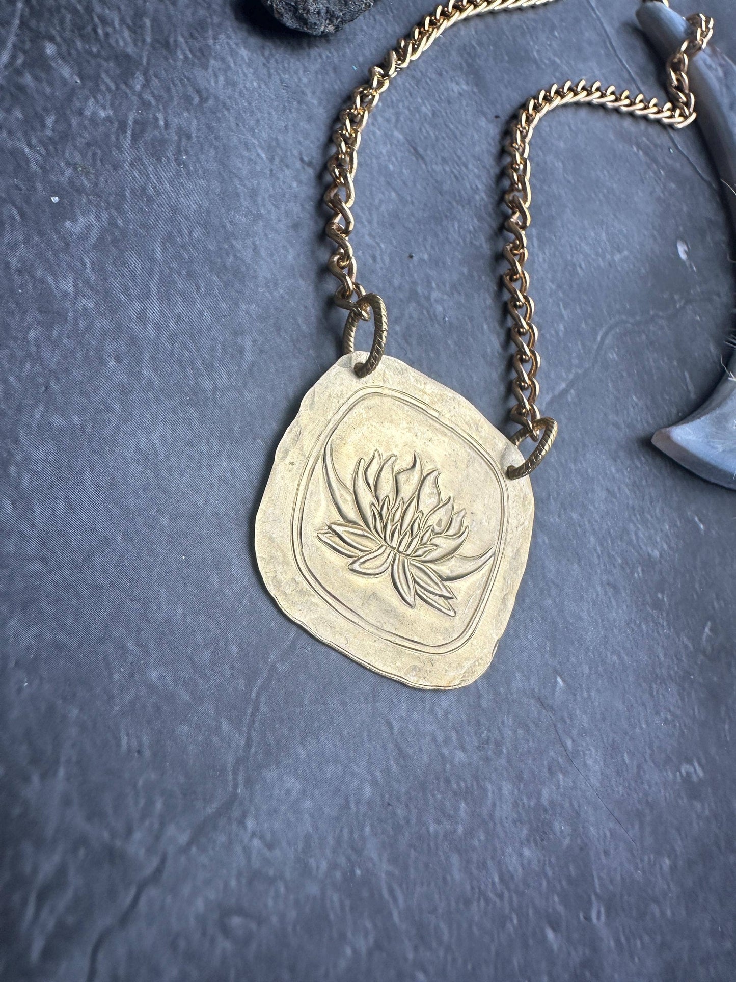 Lotus Geometric Square Pendant Necklace - Solid Brass