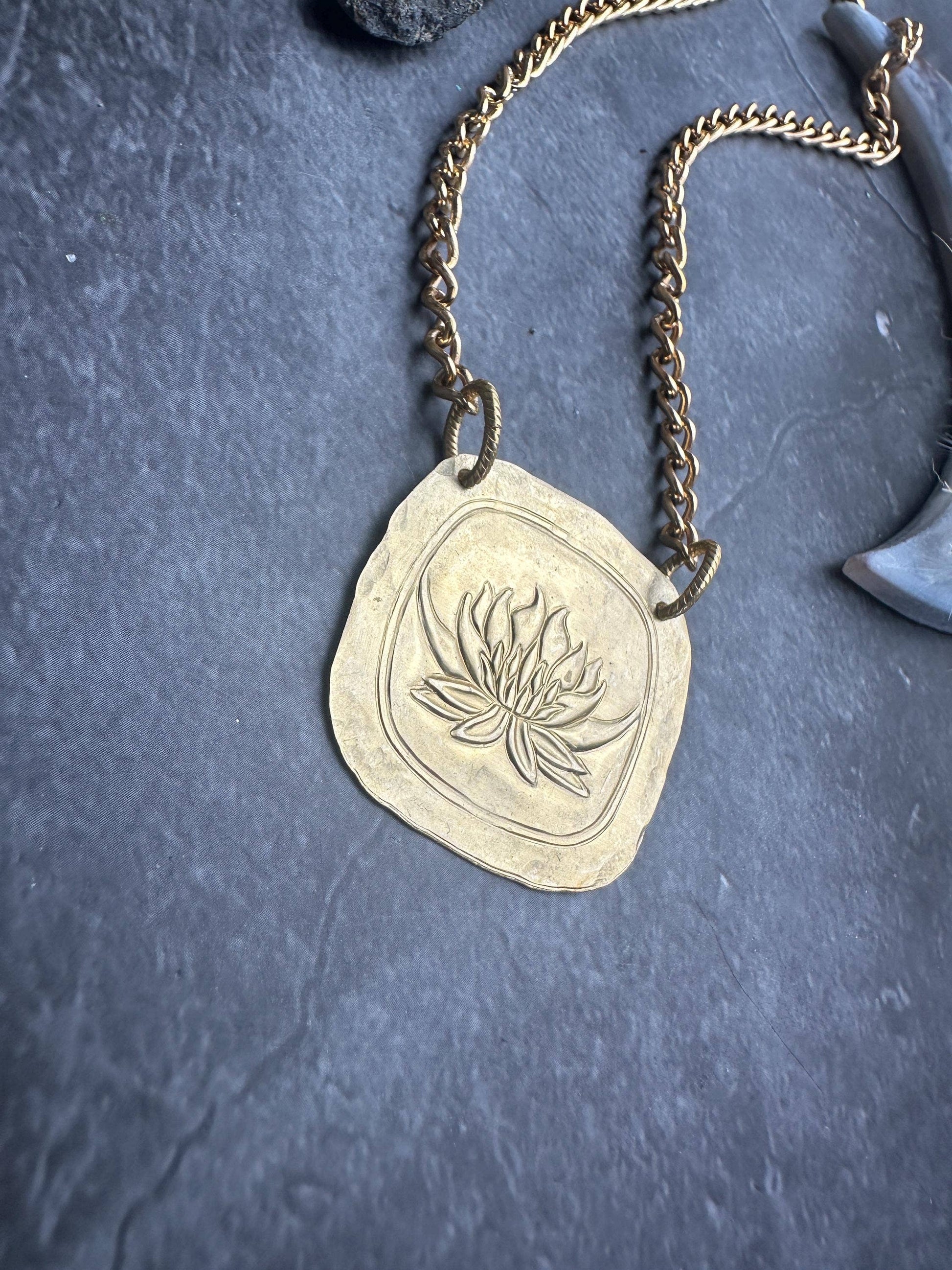 Lotus Geometric Square Pendant Necklace - Solid Brass