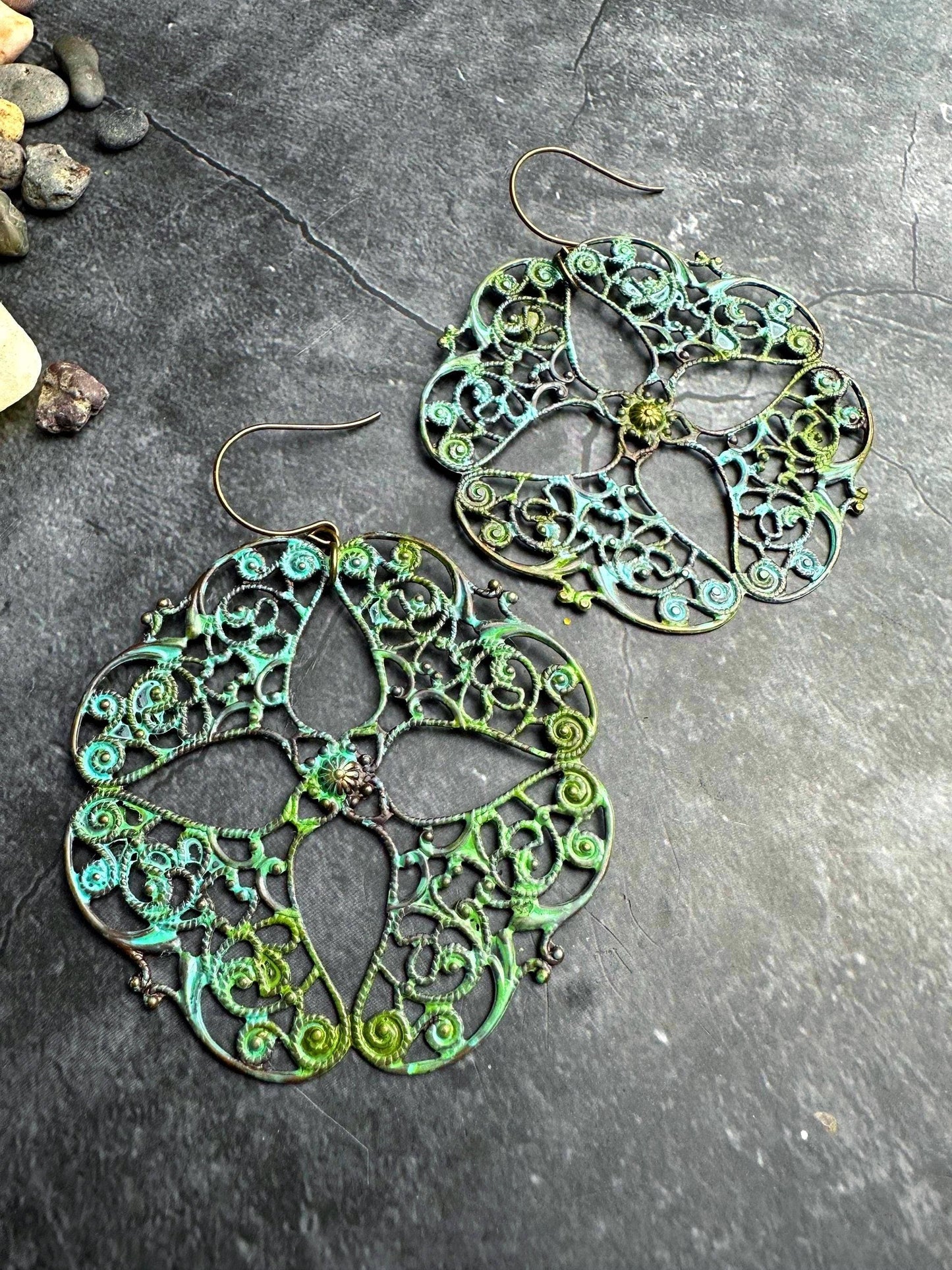 Oversized Filigree Statement Earrings - Patina Brass