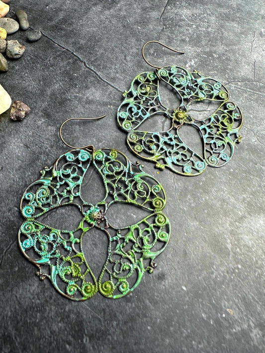 Oversized Filigree Statement Earrings - Patina Brass