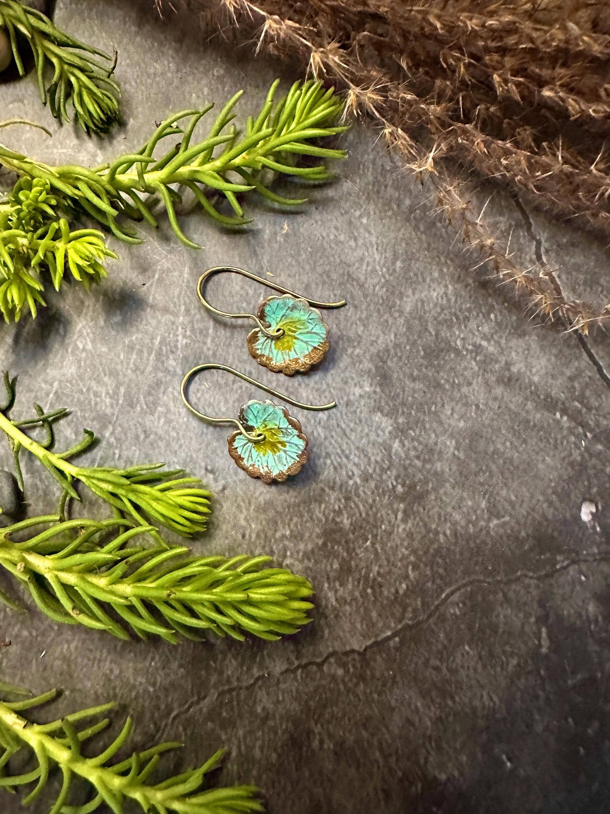 Lily Pad Leaf Earrings - Handcrafted Brass with Green Patina