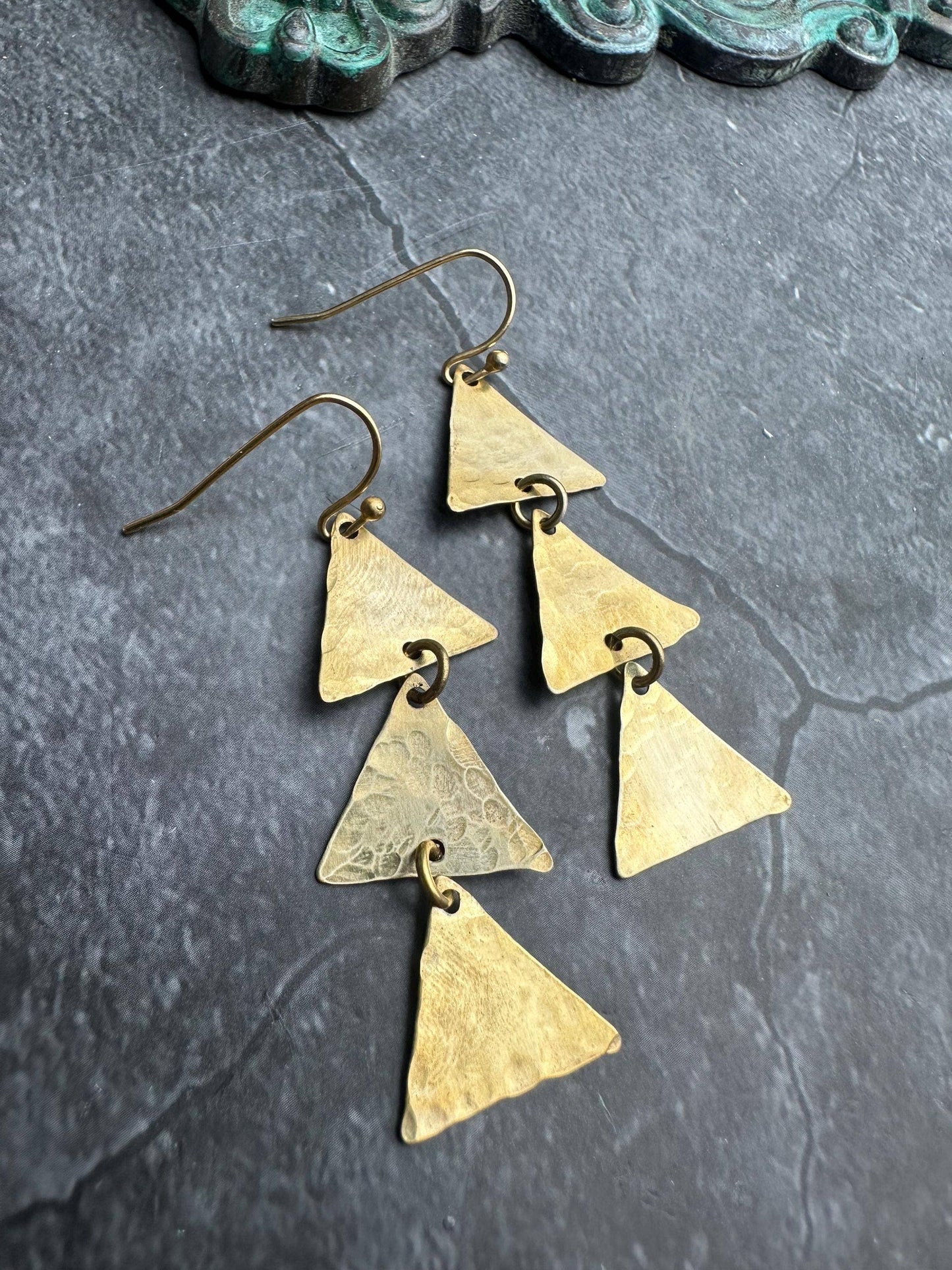 Triple Triangle Earrings - Hammered Brass Geometric Dangle
