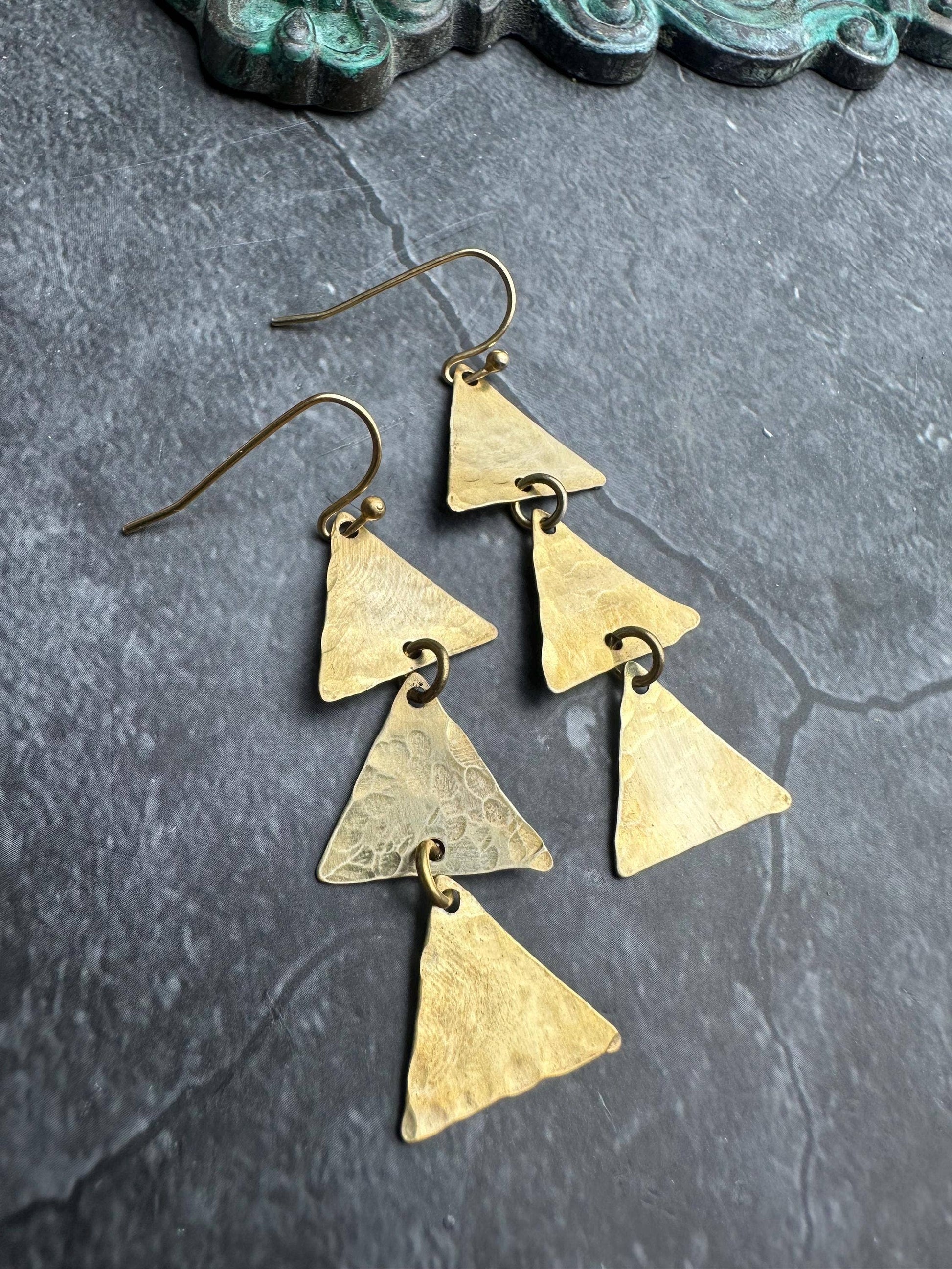 Triple Triangle Earrings - Hammered Brass Geometric Dangle
