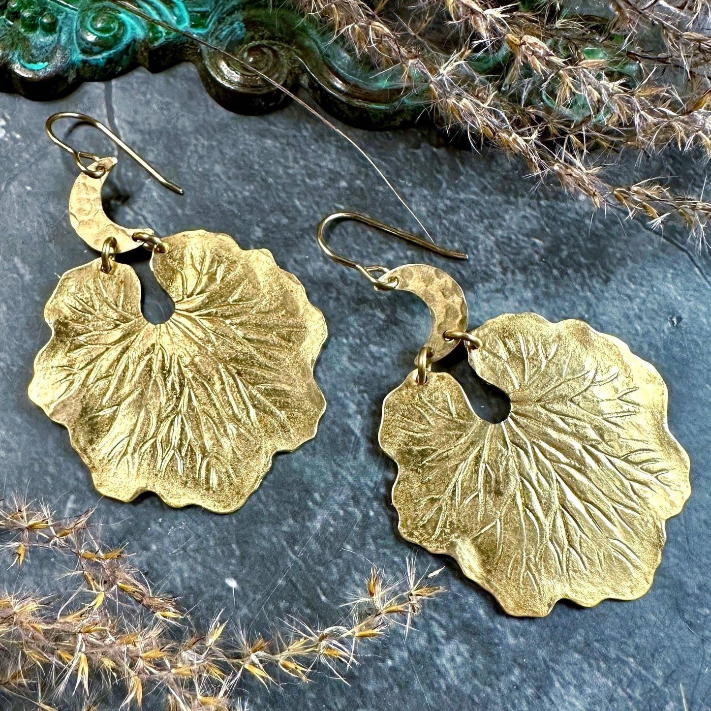 Crescent Moon Leaf Statement Earrings - Hammered Solid Brass