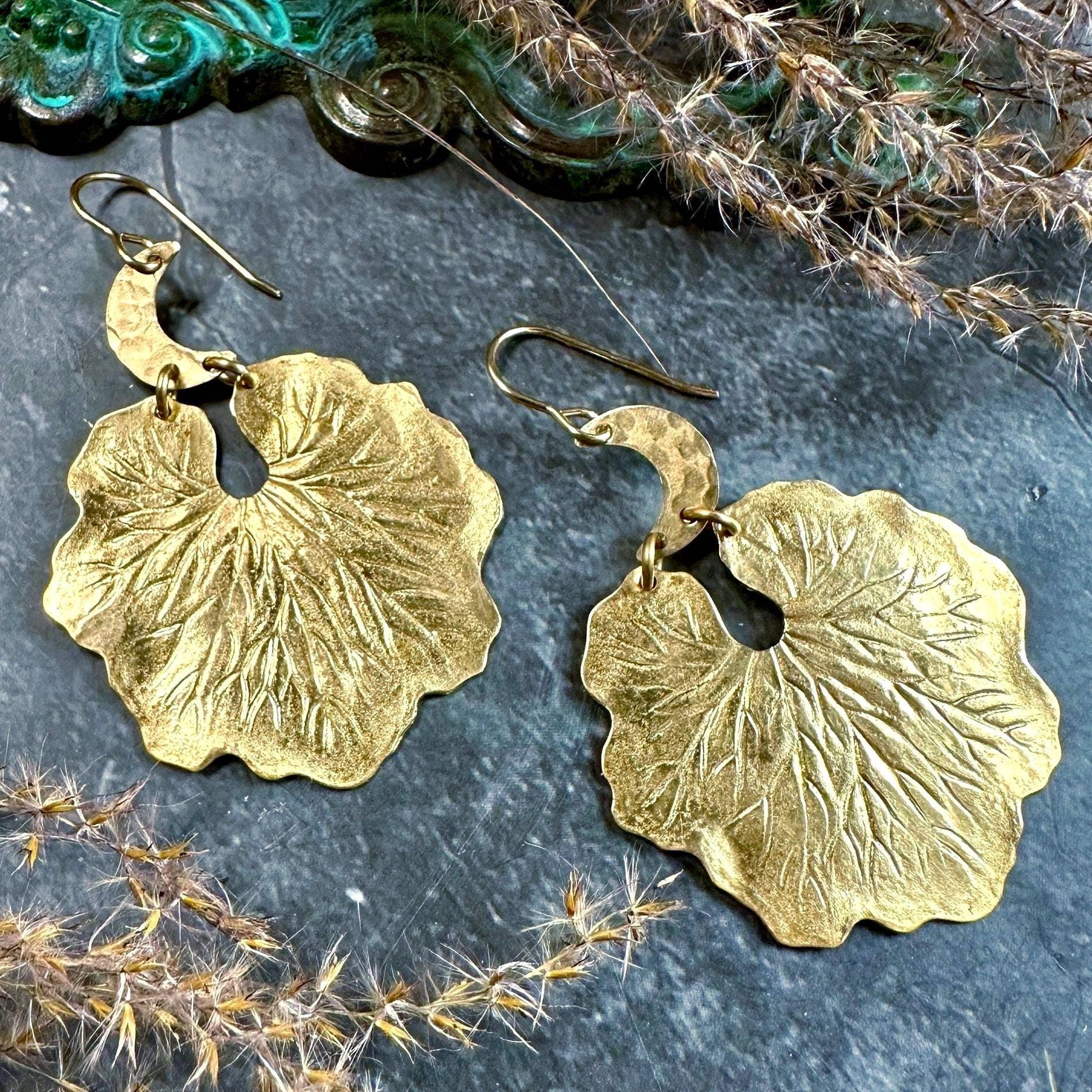 Crescent Moon Leaf Statement Earrings - Hammered Solid Brass