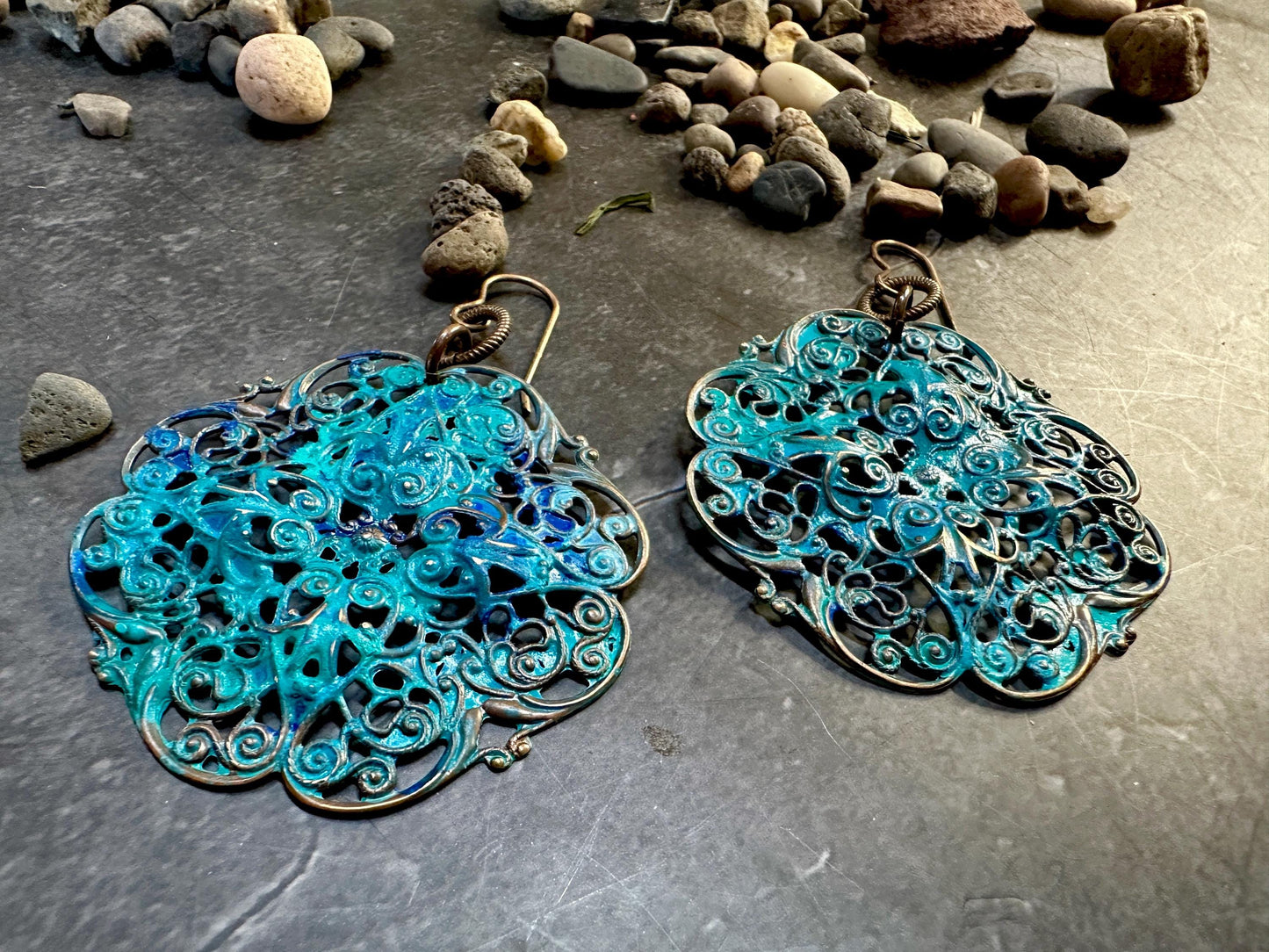 Garden Filigree Earrings- Handmade Solid Brass Hand Patina