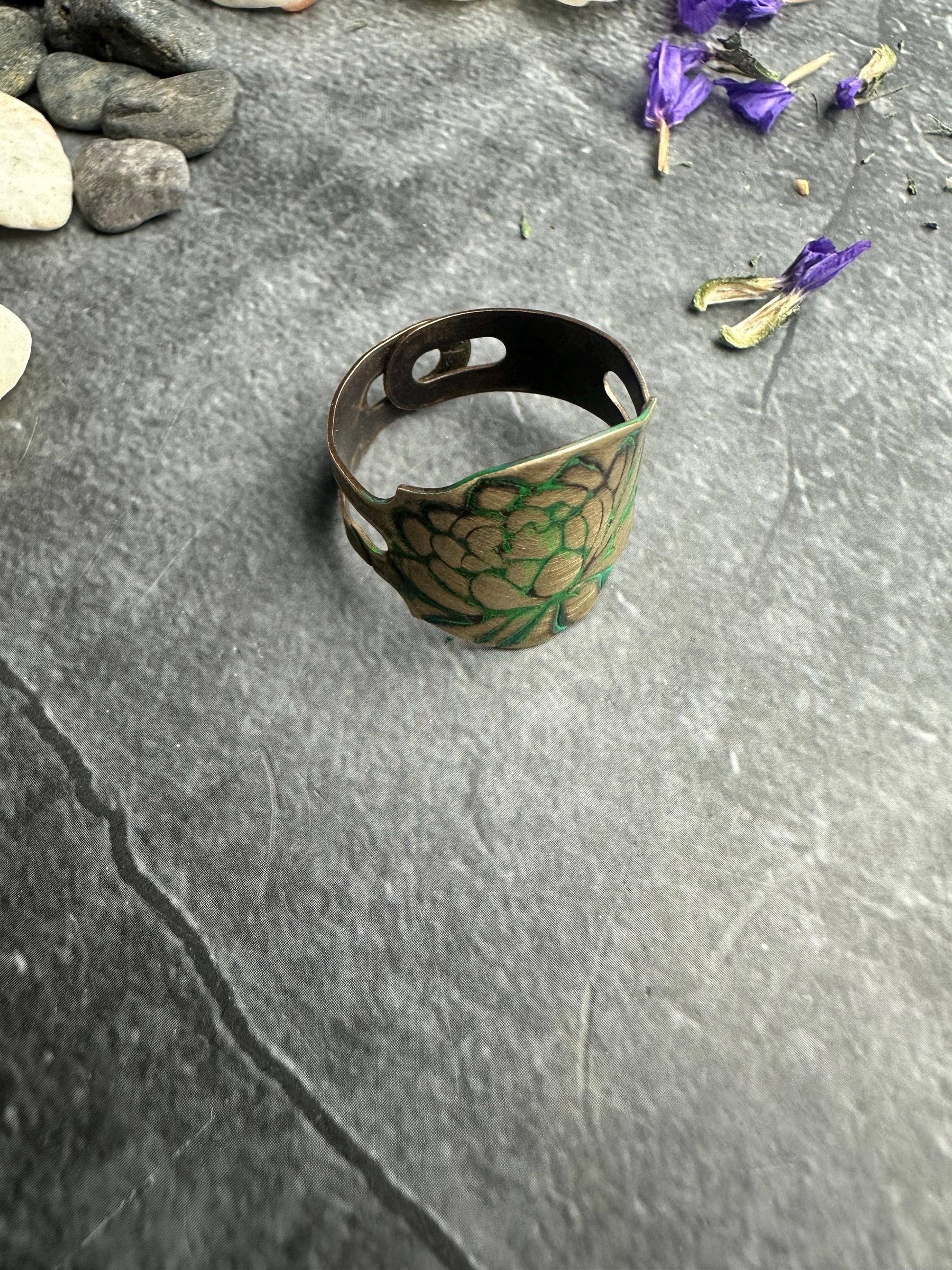 Lotus Flower Etched Ring - Adjustable Brass Cuff Ring