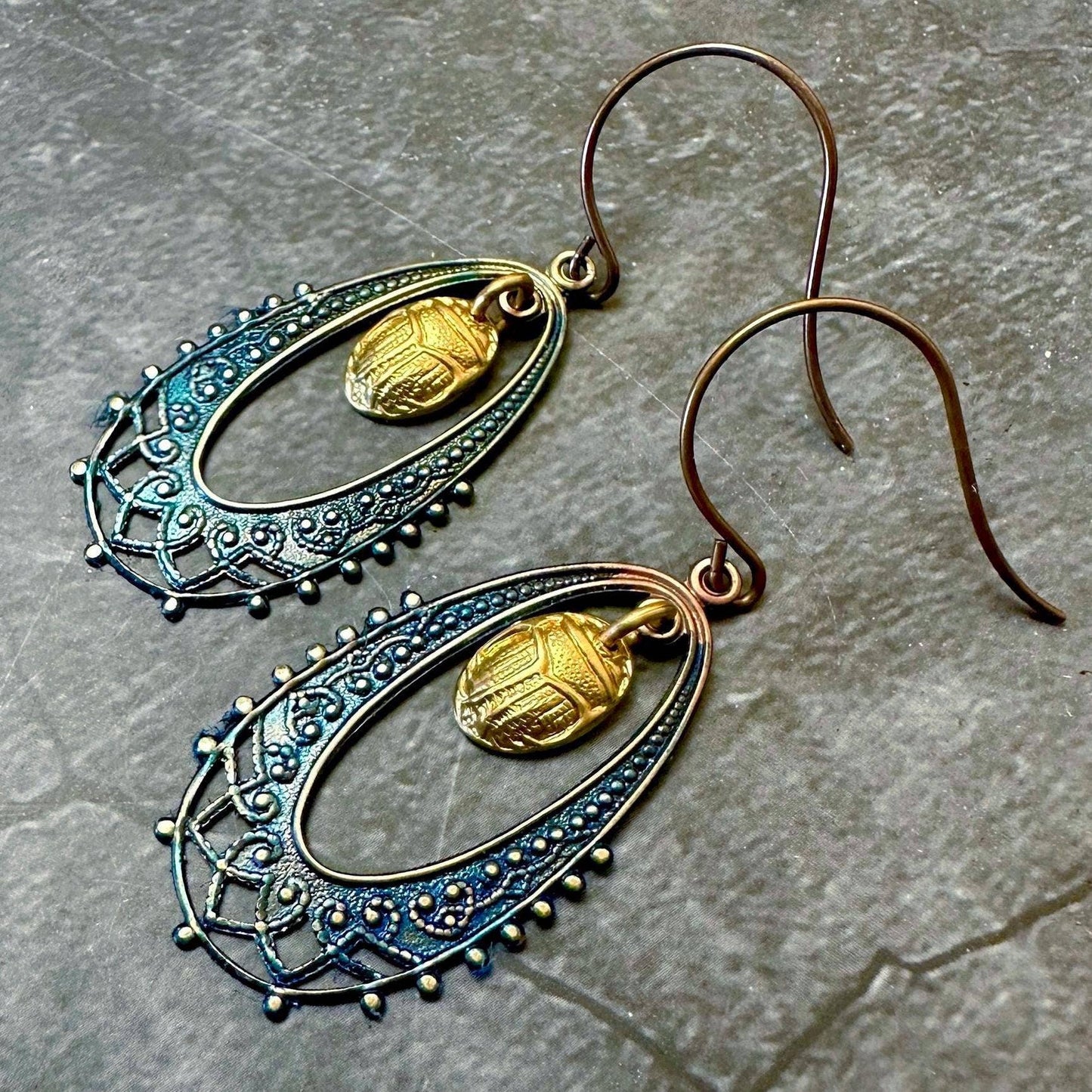 Scarab Beetle Earrings - Egyptian Inspired Brass Dangles