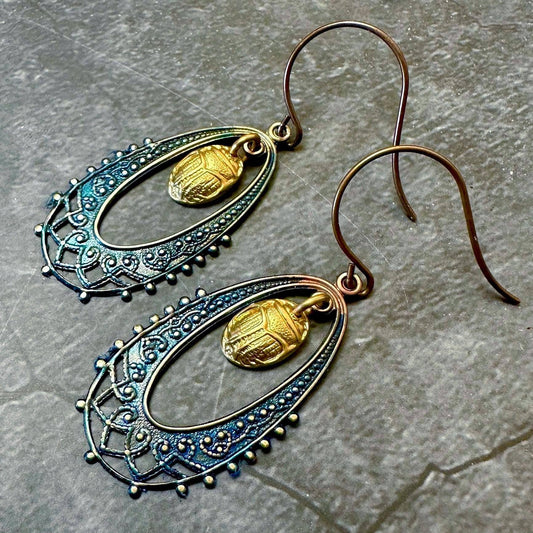 Scarab Beetle Earrings - Egyptian Inspired Brass Dangles