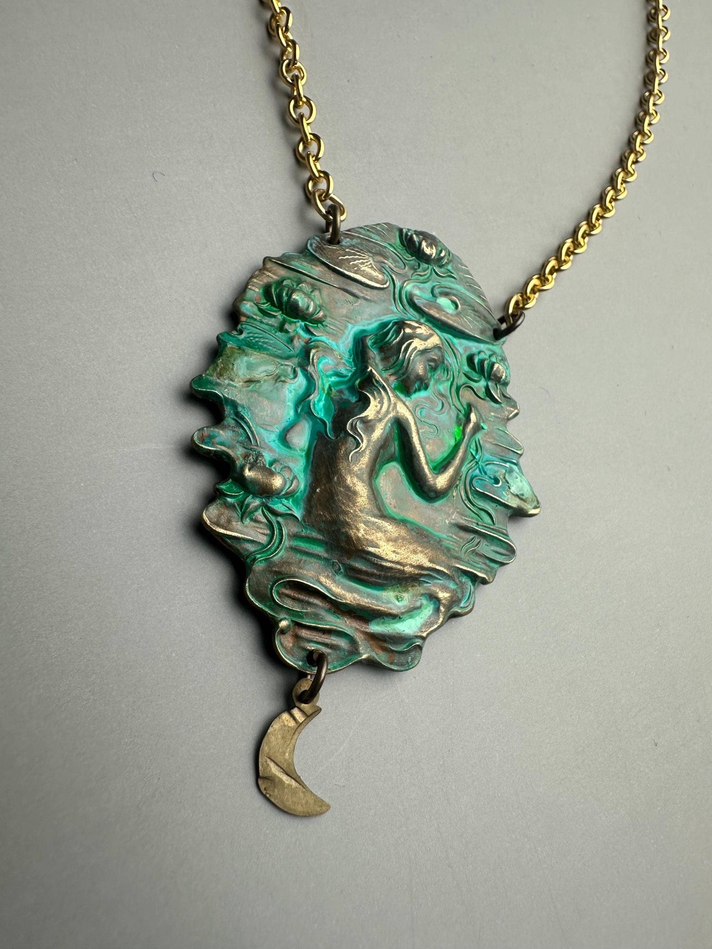 Art Nouveau Goddess Necklace - Verdigris Patina Pendant