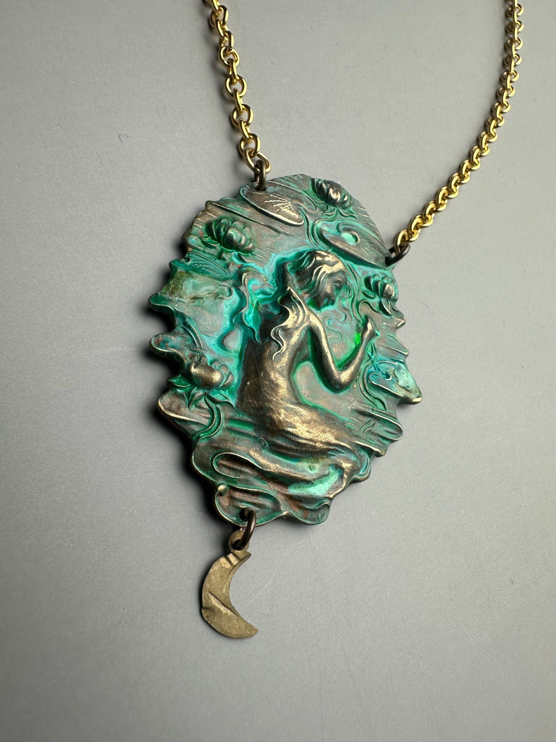 Art Nouveau Goddess Necklace - Verdigris Patina Pendant