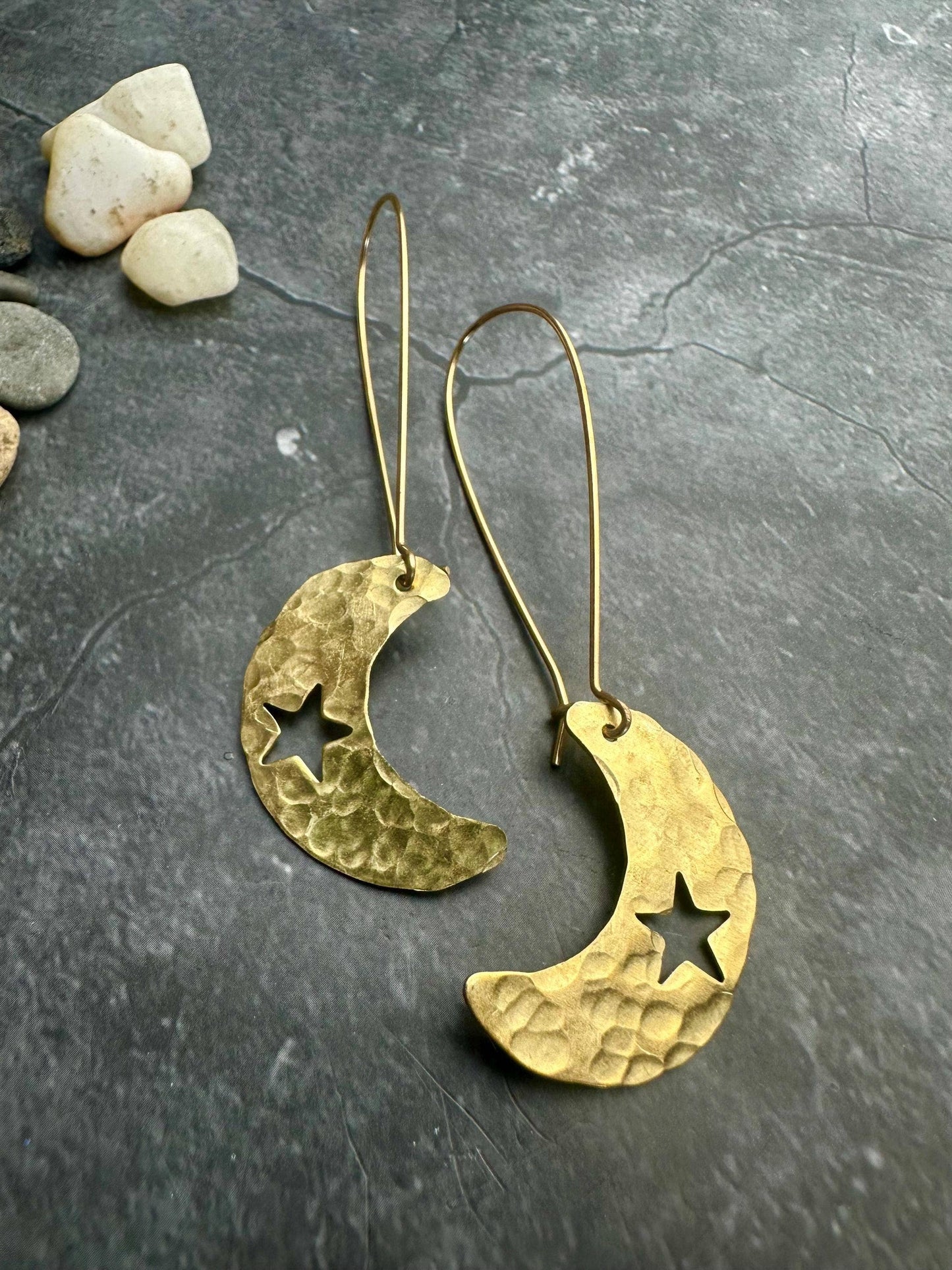 Handcrafted Celestial Crescent Moon Earrings - Beaten Brass