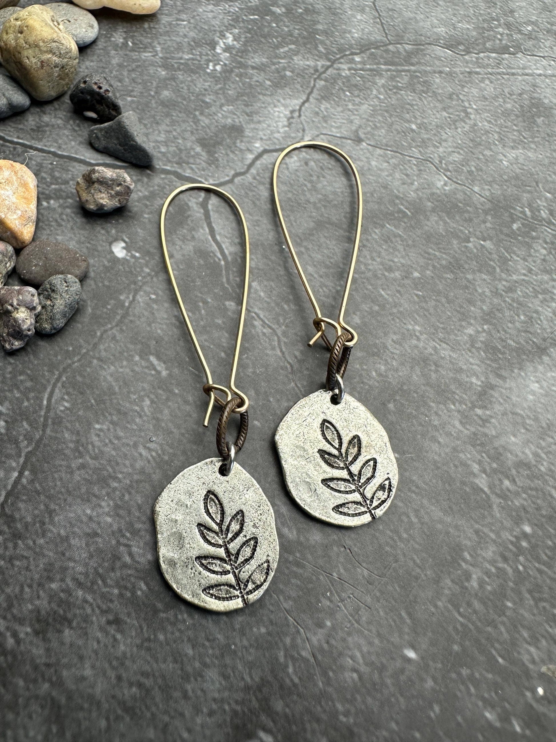 Imprinted Leaf Hammered Silver Organic Shape Earrings