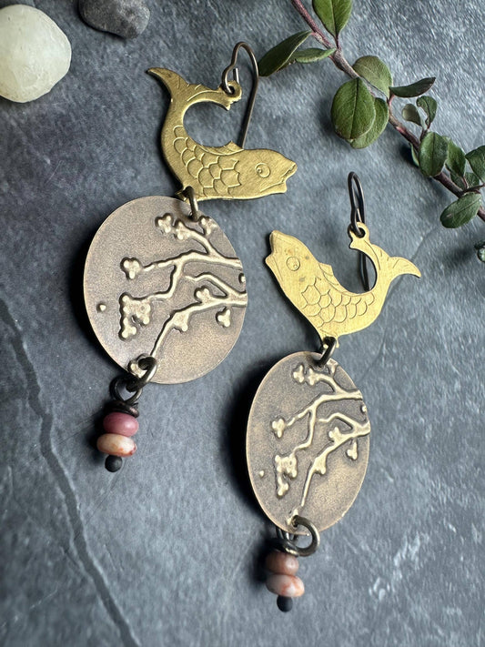Koi Fish Cherry Blossom Earrings with Strawberry Quartz