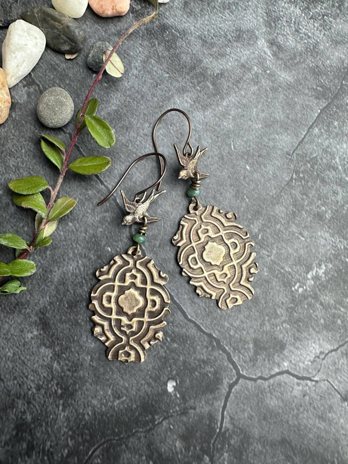 Bird Earrings with Moss Agate