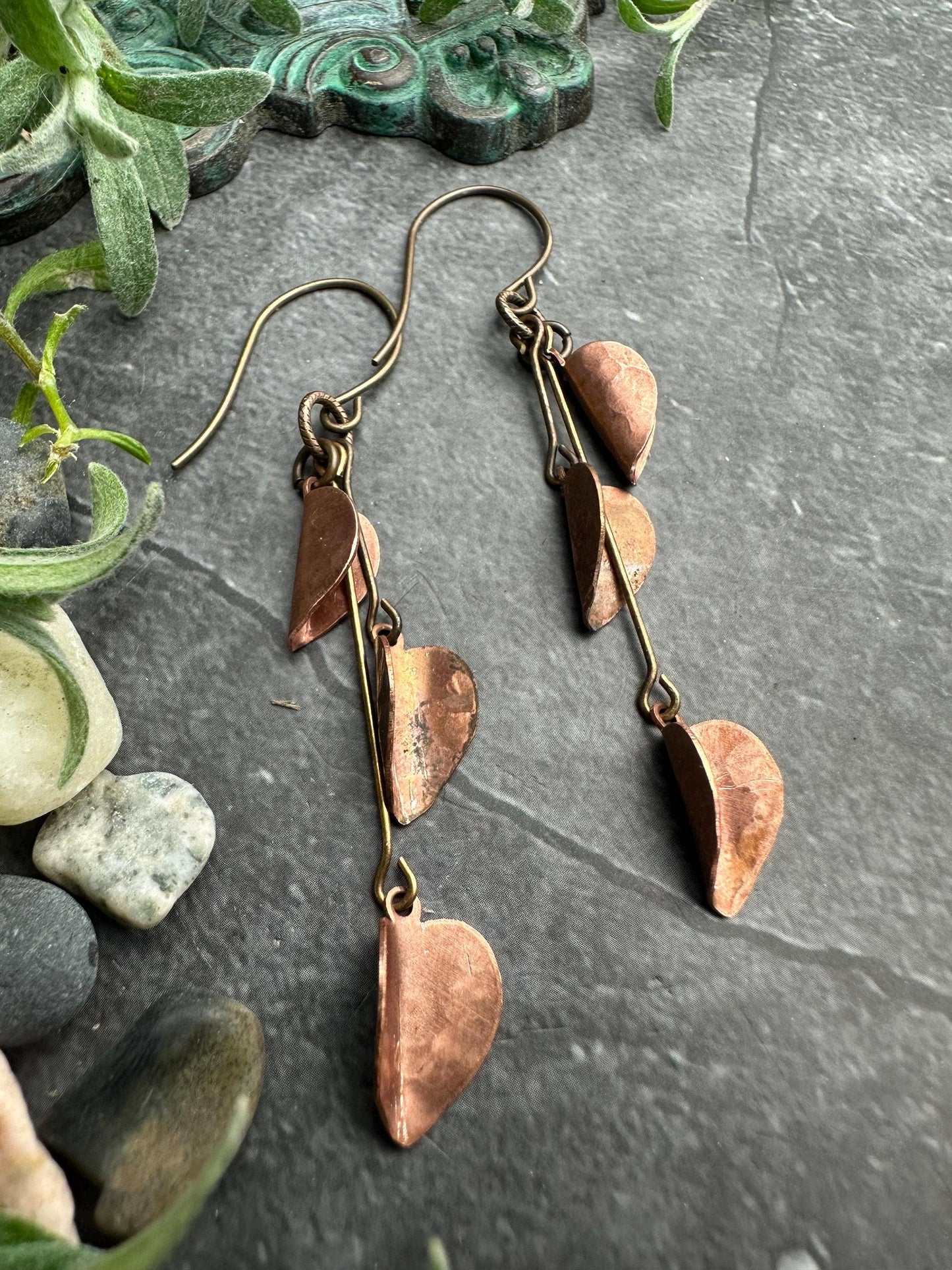 Copper Leaf Cascade Earrings - Rustic Copper Dangles