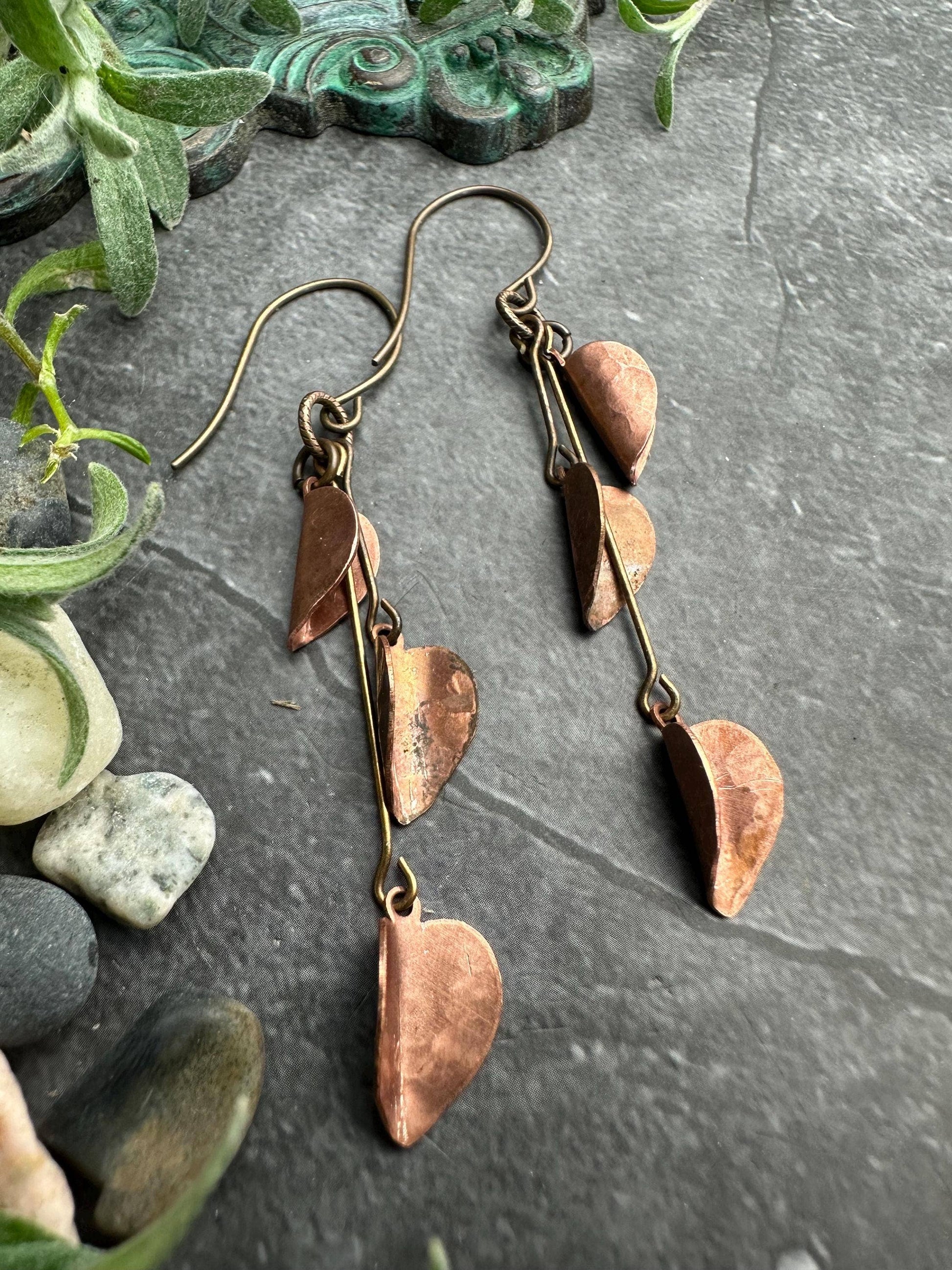 Copper Leaf Cascade Earrings - Rustic Copper Dangles