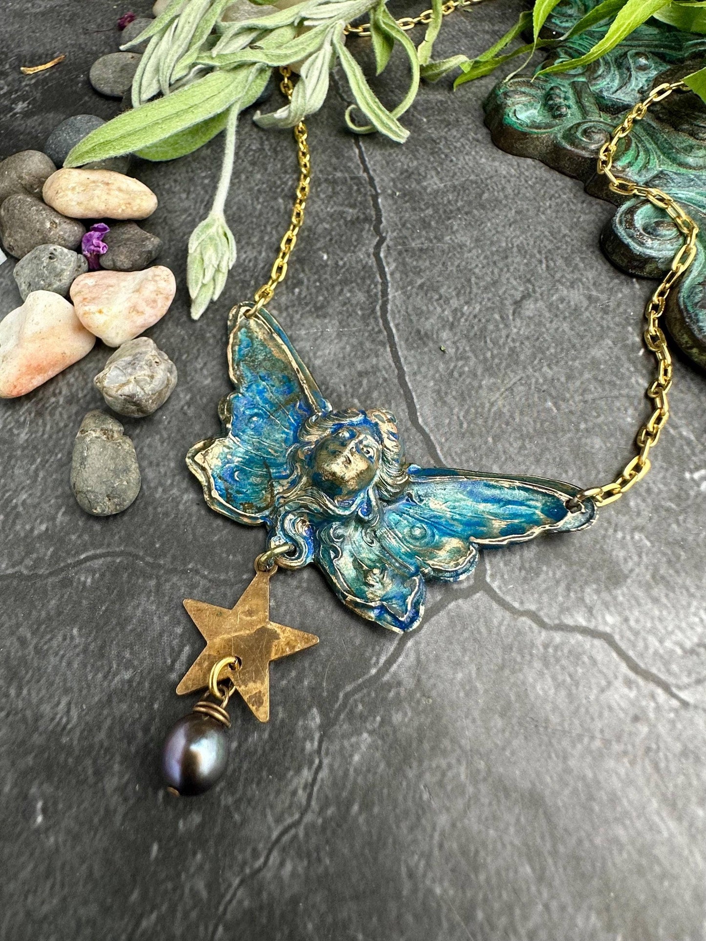 Butterfly Goddess Necklace, Art Nouveau Brass Patina Pendant