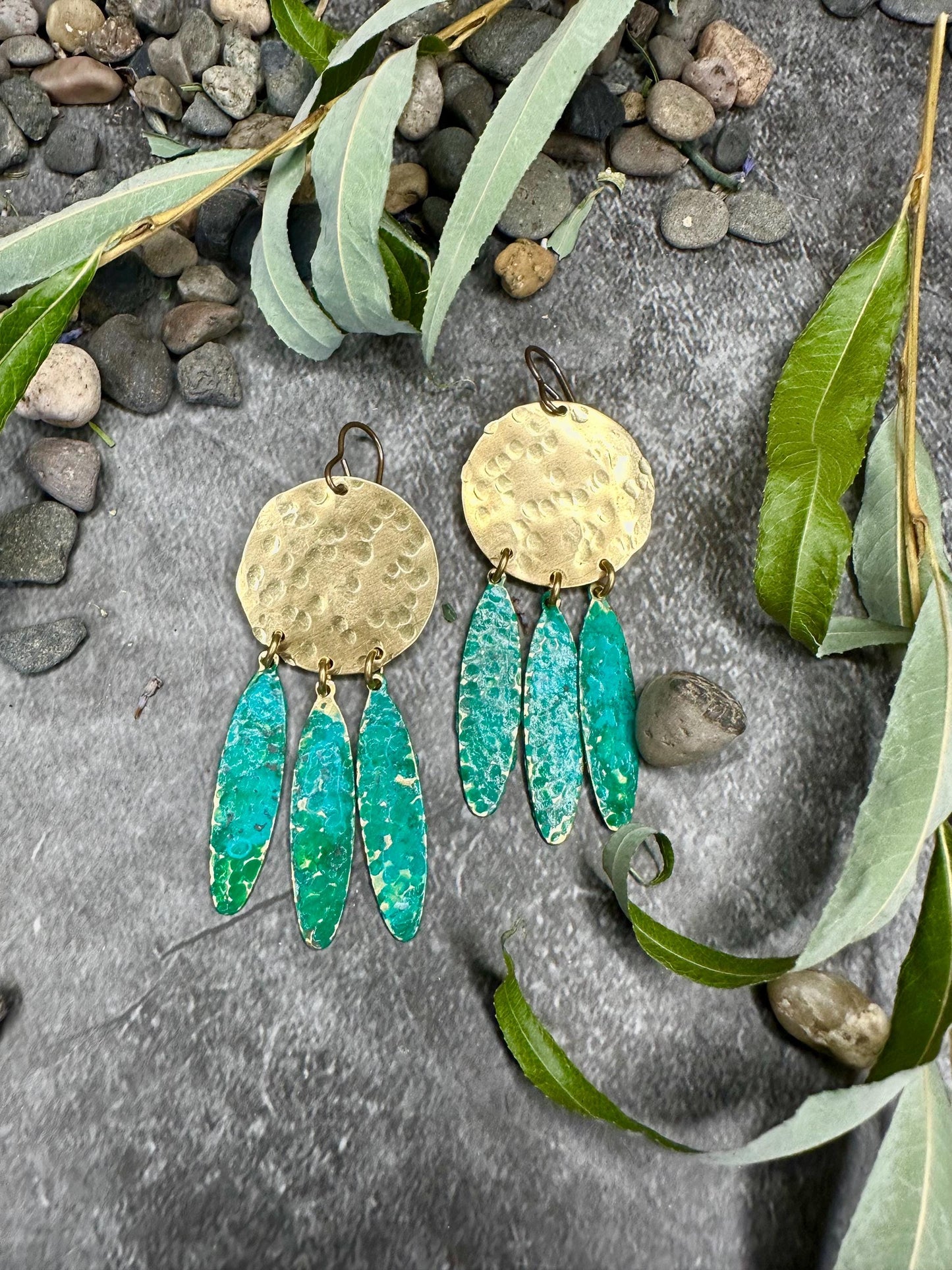 Rain Goddess Earrings - Handmade Solid Beaten Brass Hand Patina