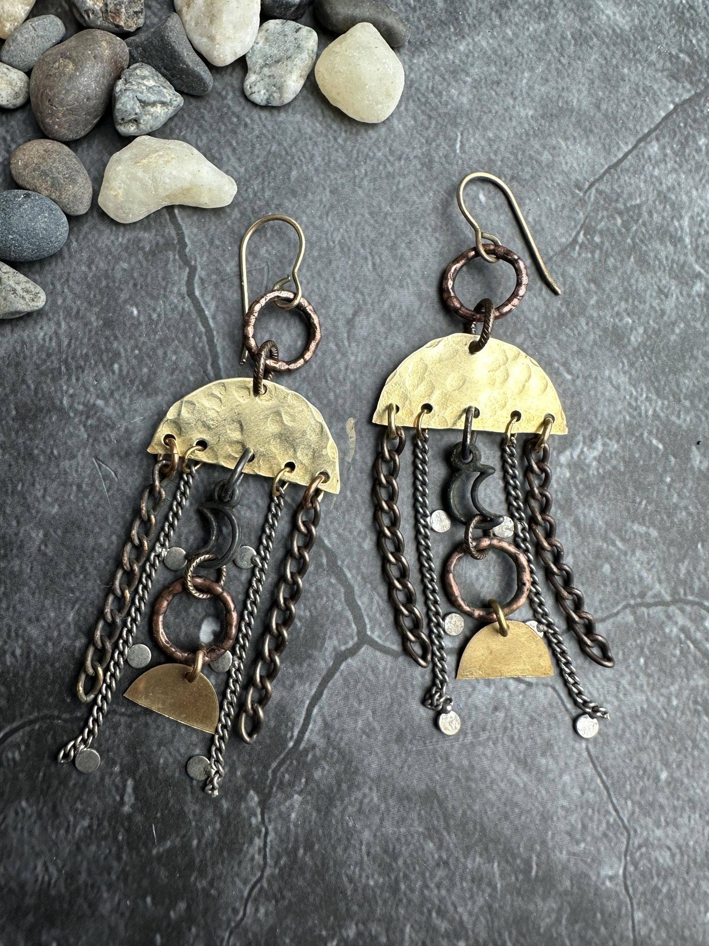 Lunar Landing Earrings- Handmade Hammered Brass & Silver ox