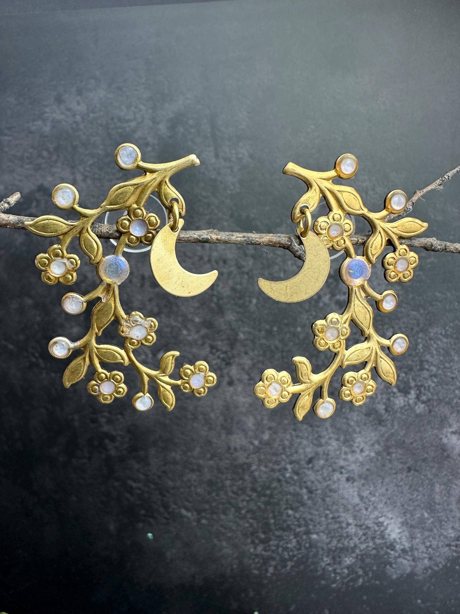 Botanical Branch Crescent Earrings, Iridescent Resin Detail