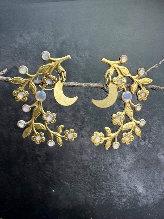 Botanical Branch Crescent Earrings, Iridescent Resin Detail