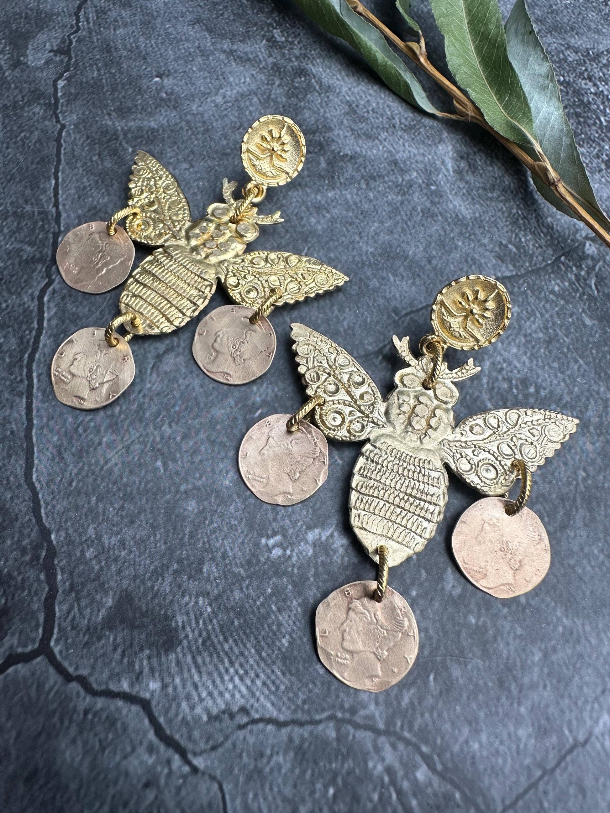 Bee Chandelier Earrings - Minoan Inspired Brass Post Dangle