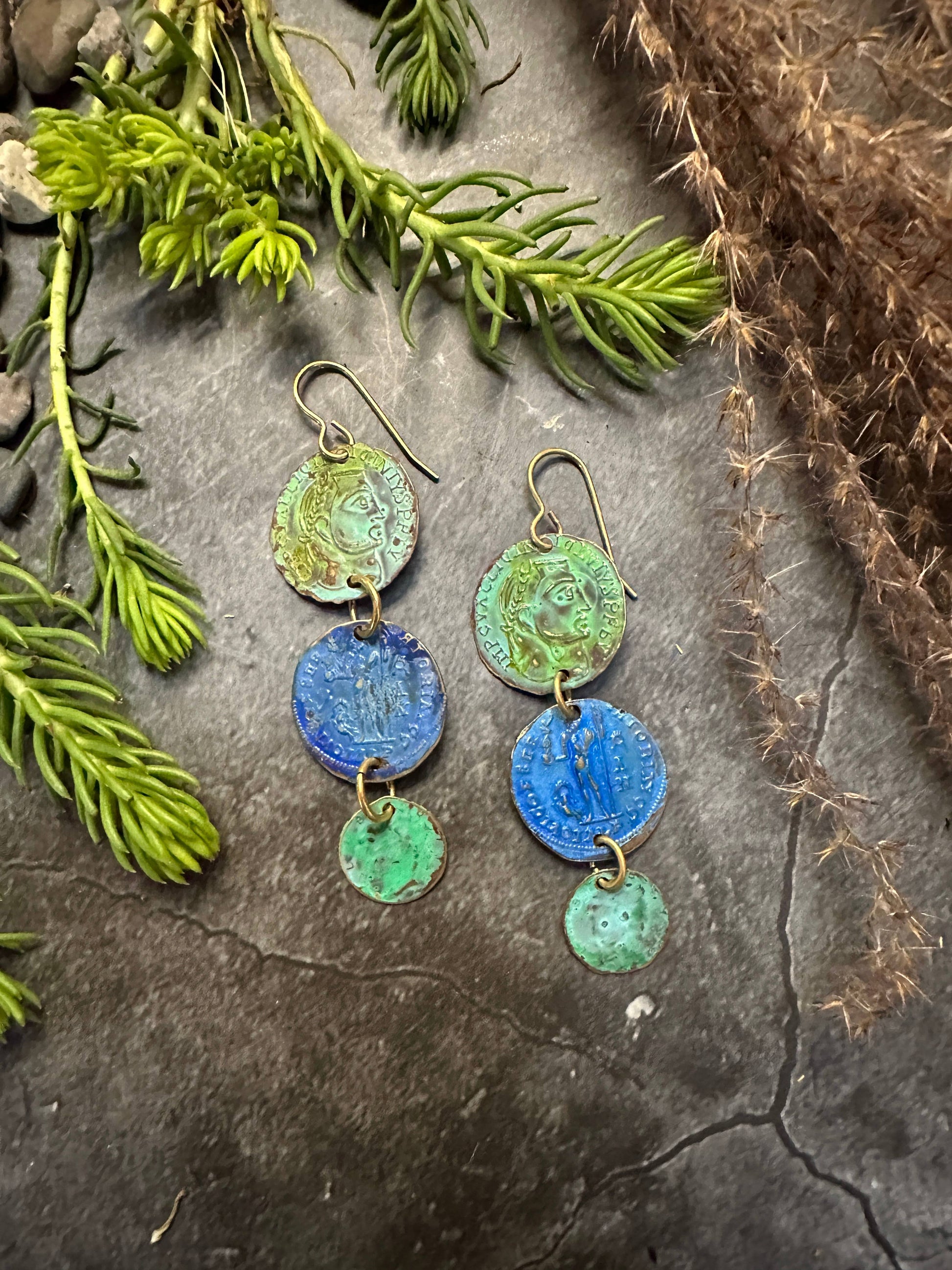 Ancient Coin Earrings- Patina Handmade Solid Beaten Brass