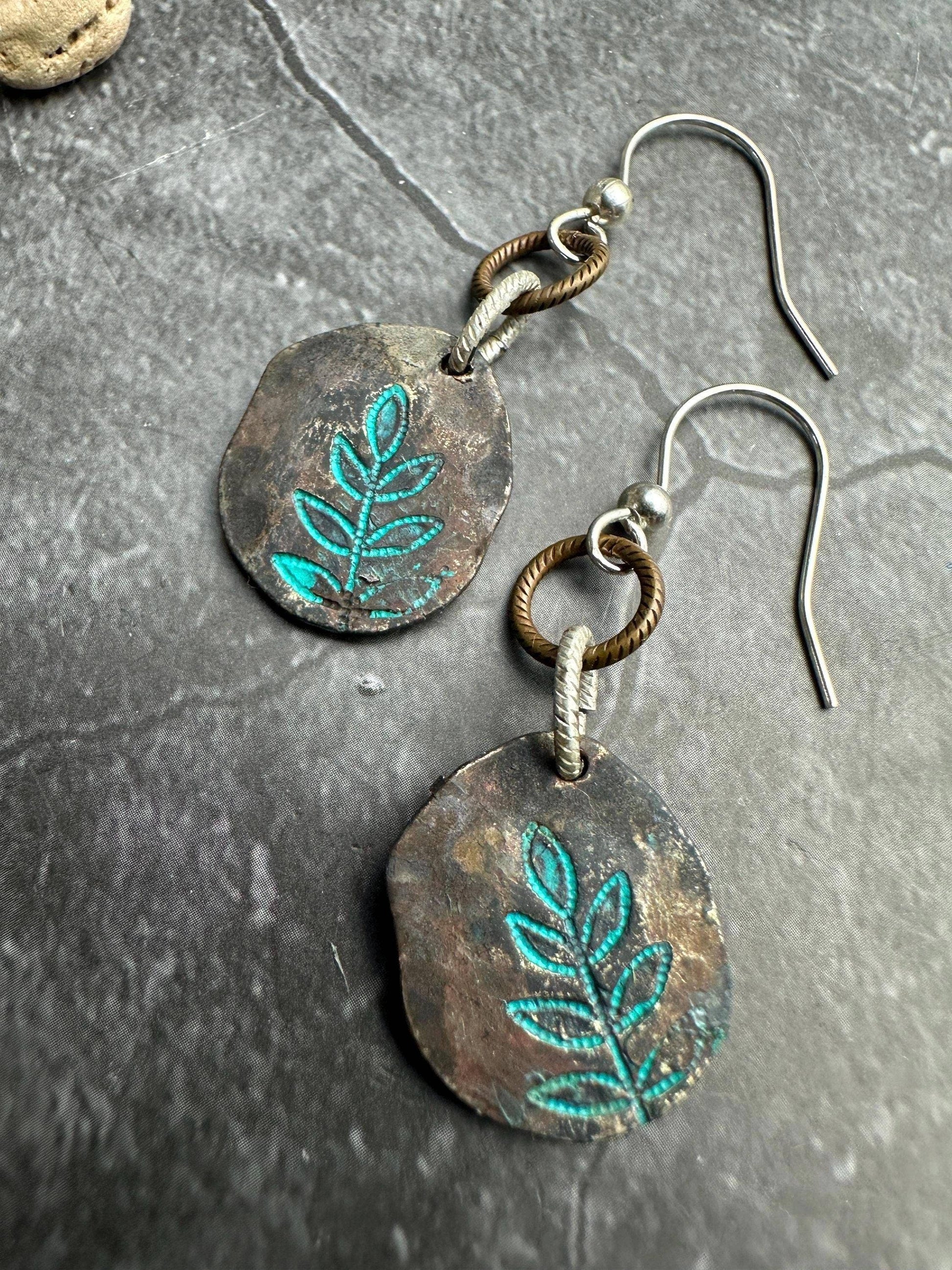 Imprinted Leaf Hammered Silver OX Patina Organic Shape Ea...
