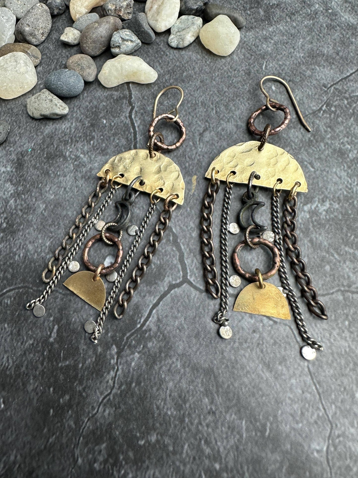 Lunar Landing Earrings- Handmade Hammered Brass & Silver ox