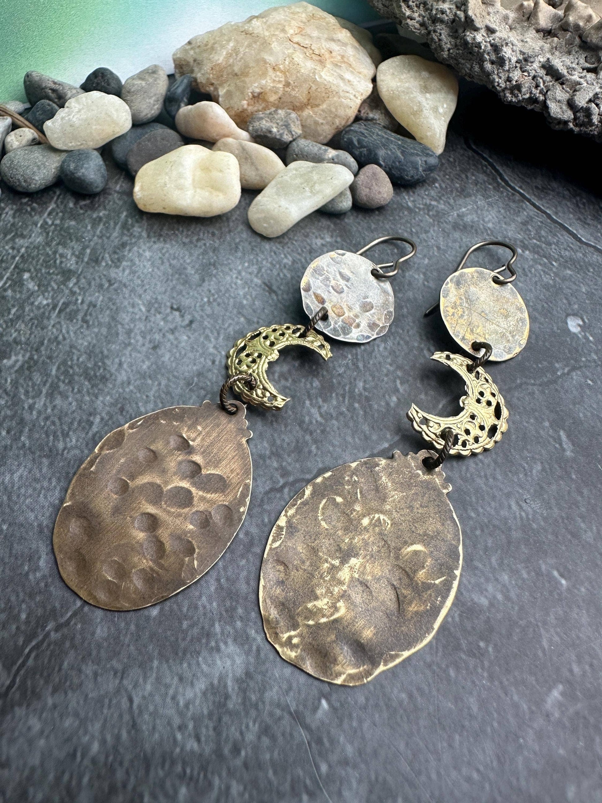 Handcrafted Brass Crescent Moon Drop Filigree Earrings
