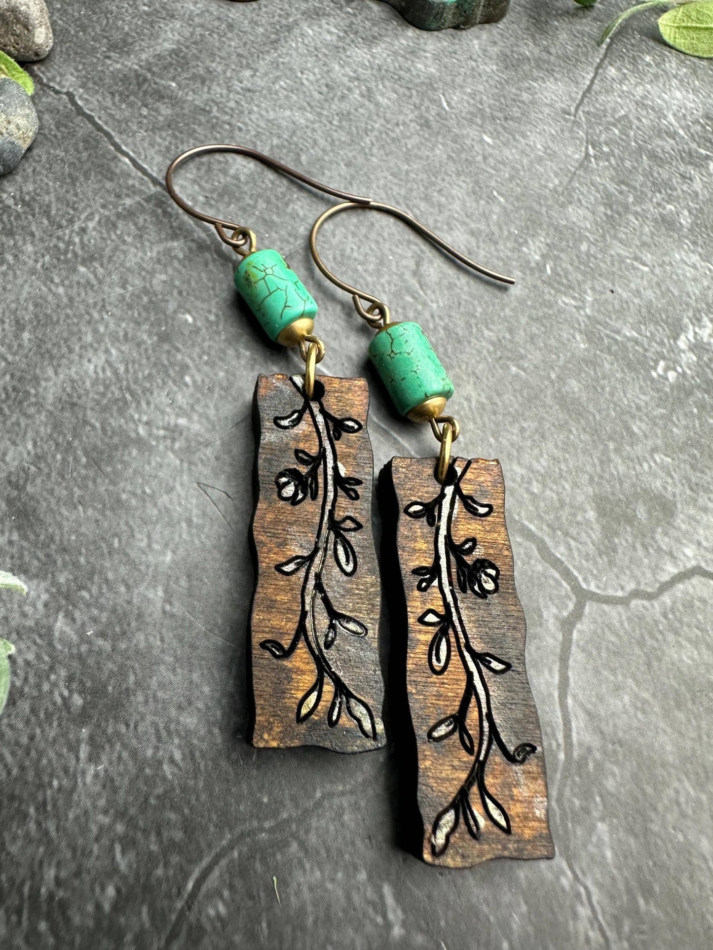 Wood Vine Earrings with Turquoise Beads