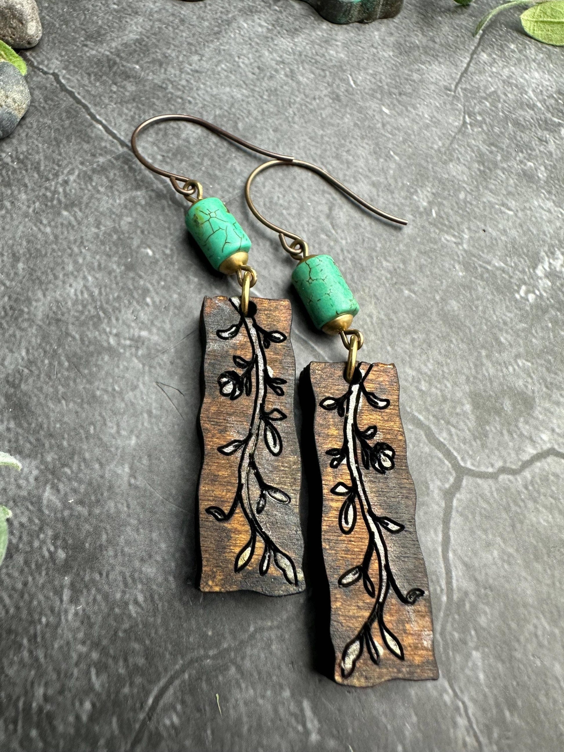 Wood Vine Earrings with Turquoise Beads