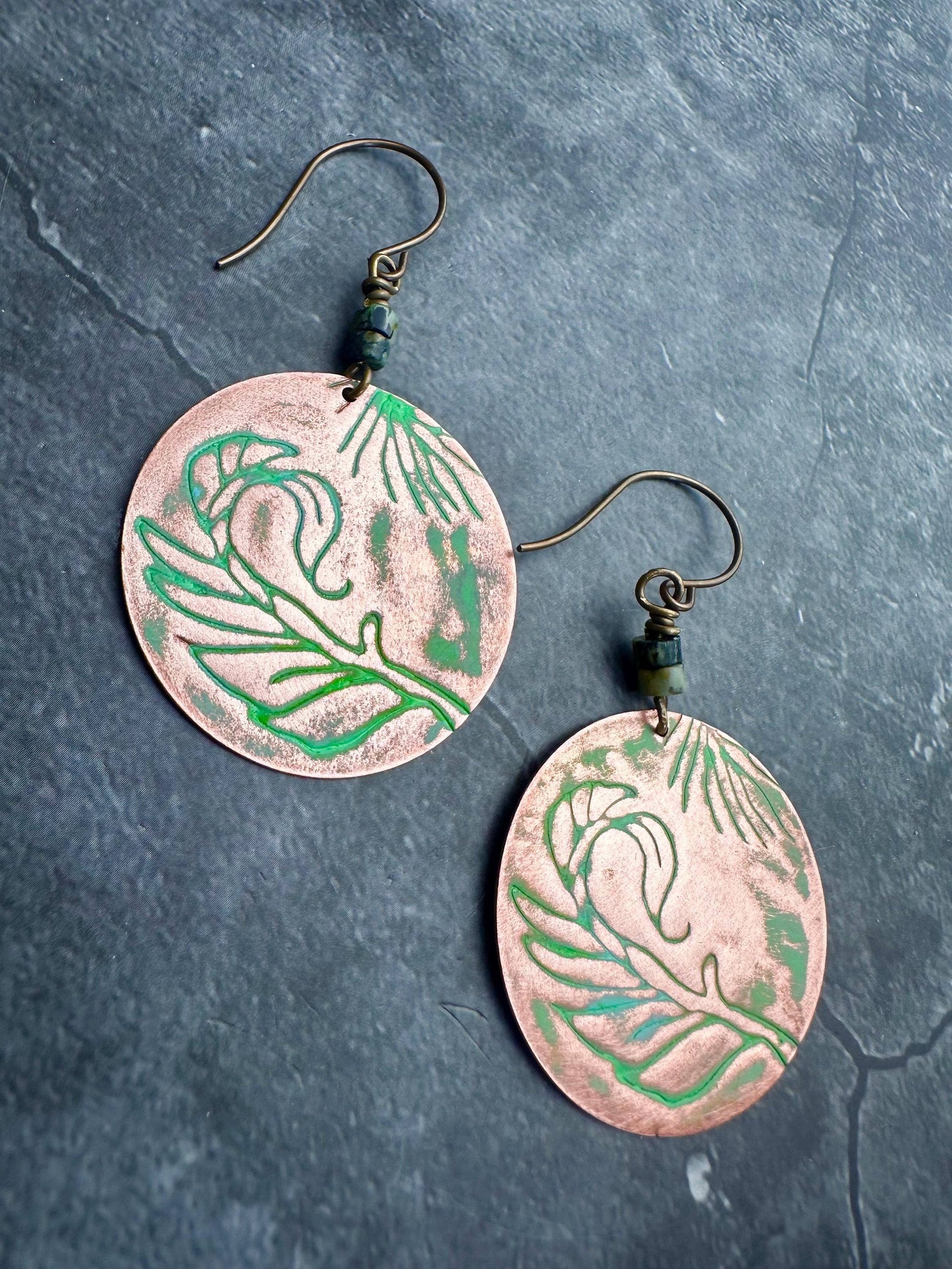 Copper Circle Feather Earrings with African Turquoise