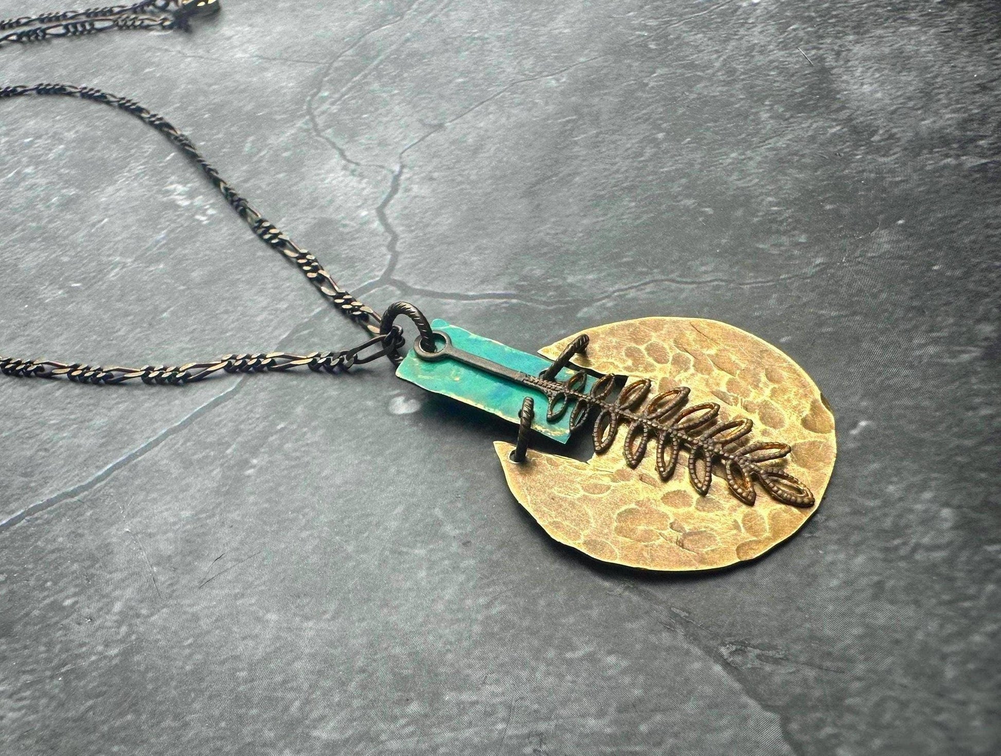 Geometric Fern Necklace - Hand shaped & Hammered Solid Brass