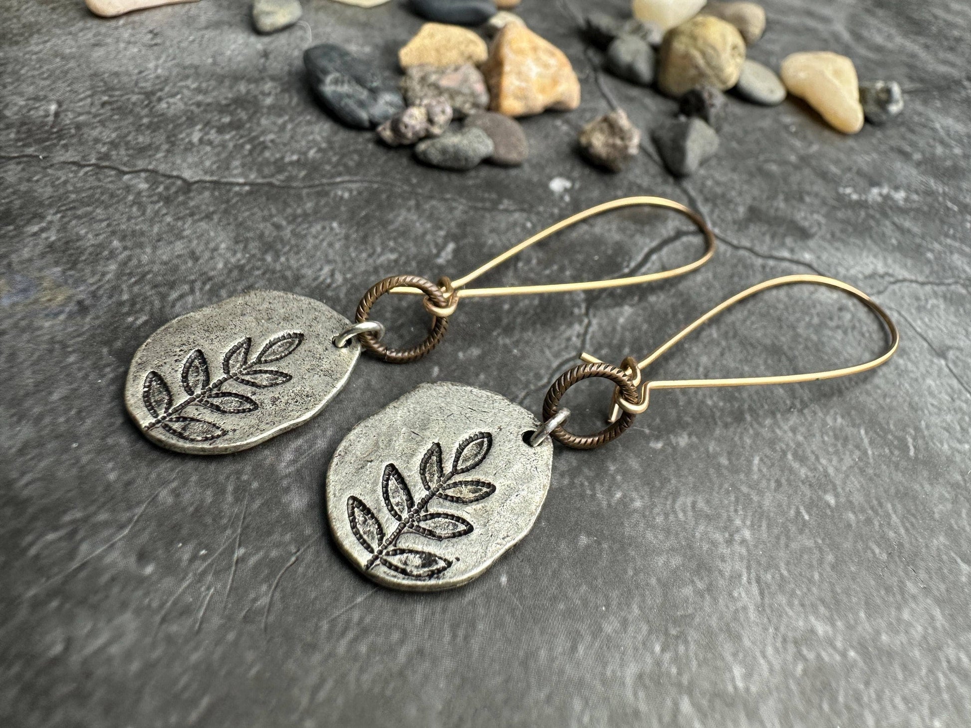 Imprinted Leaf Hammered Silver Organic Shape Earrings