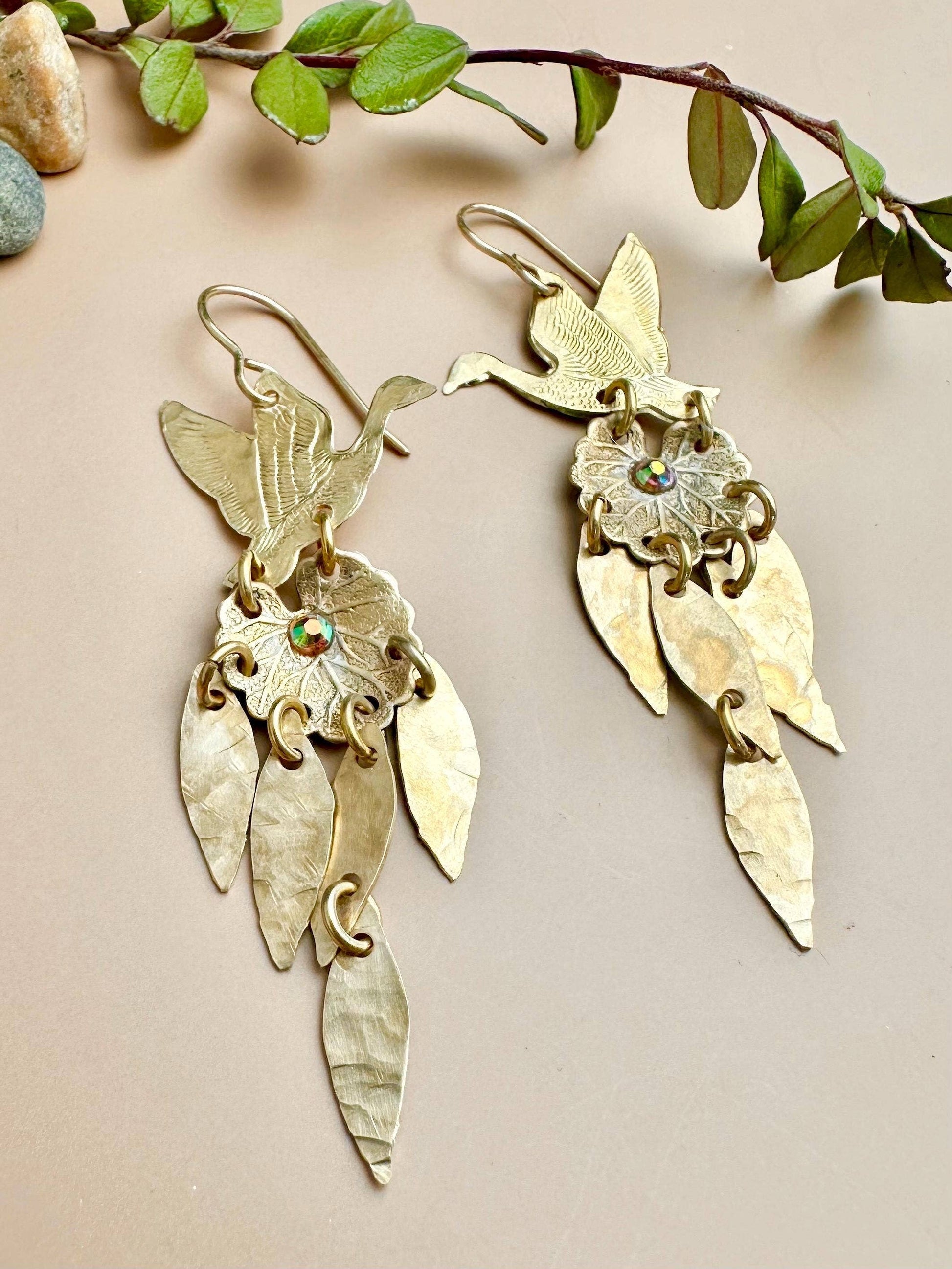 Willow Pond Bird Earrings - Leaf Dangle Brass