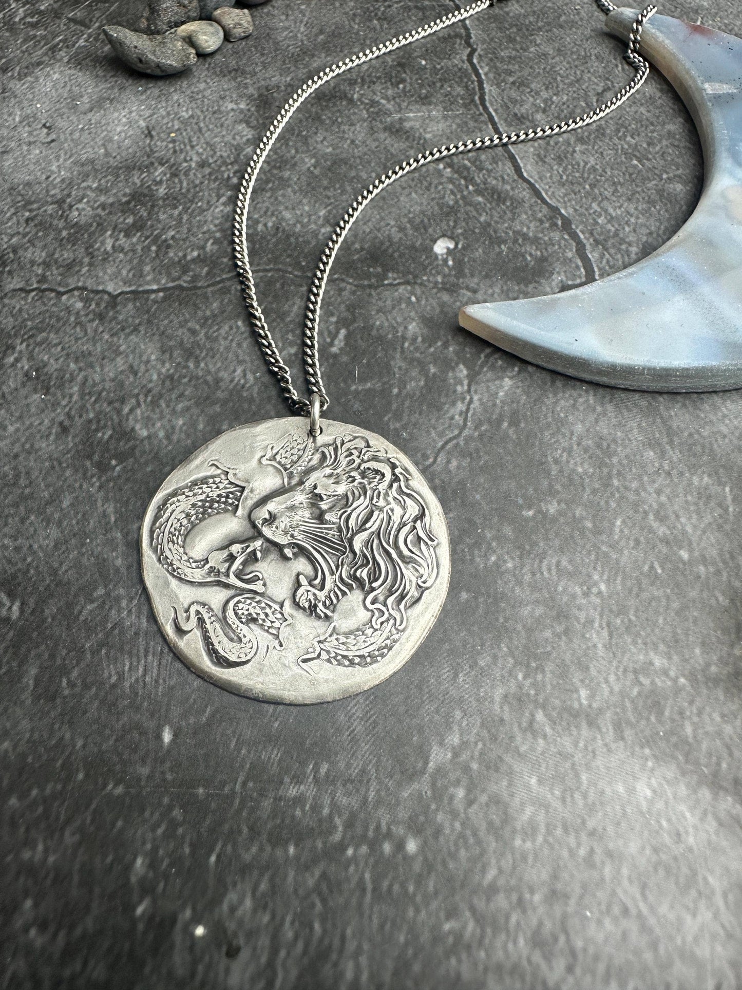Lion & Snake Amulet Coin Medallion Necklace