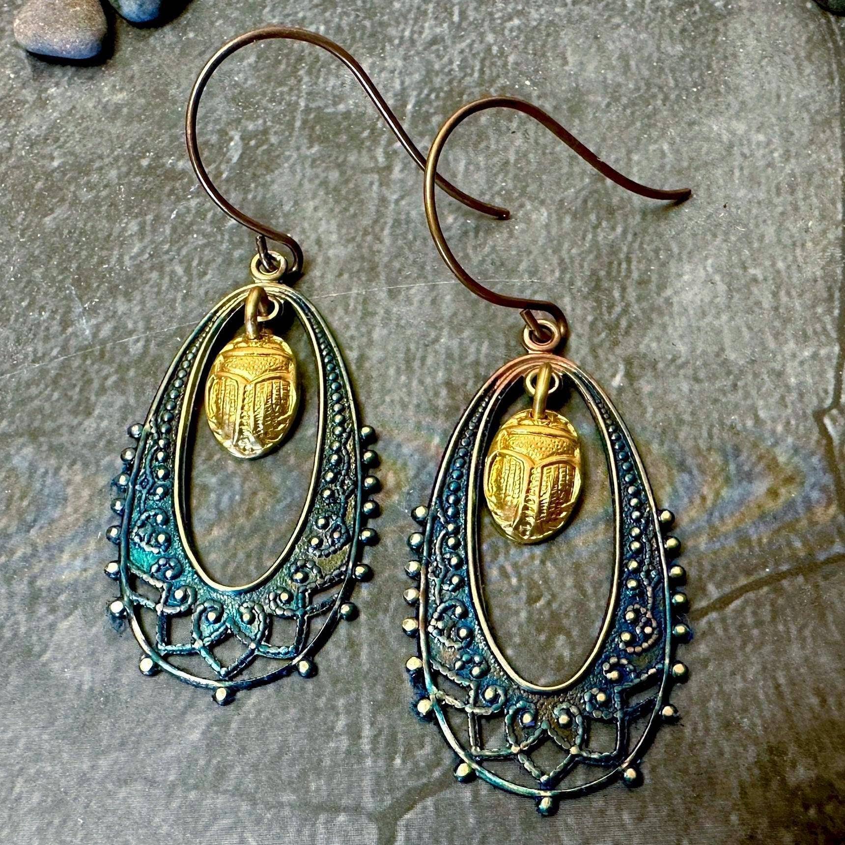 Scarab Beetle Earrings - Egyptian Inspired Brass Dangles