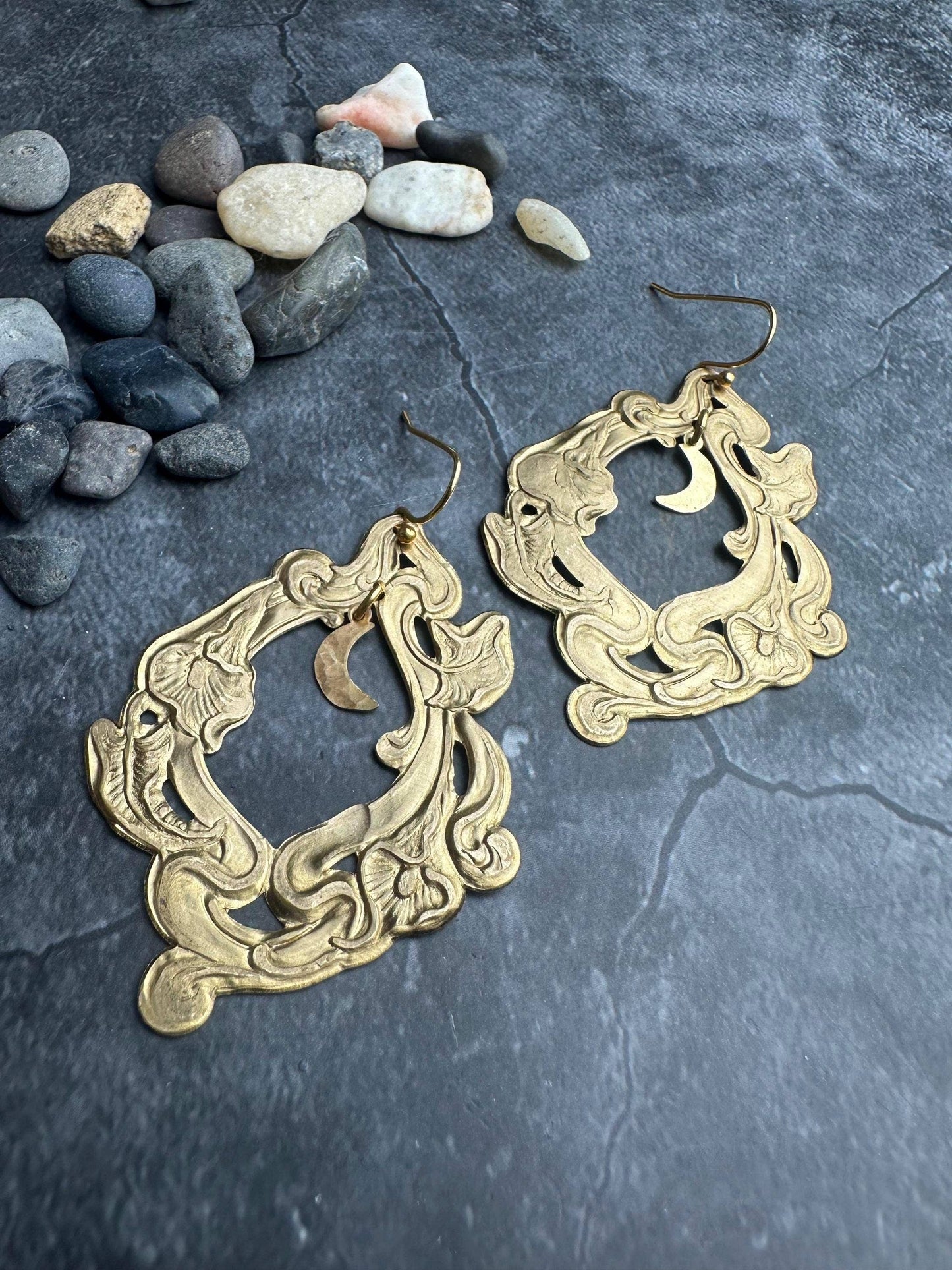 Moon Garden Earrings- Handmade Beaten Solid Brass