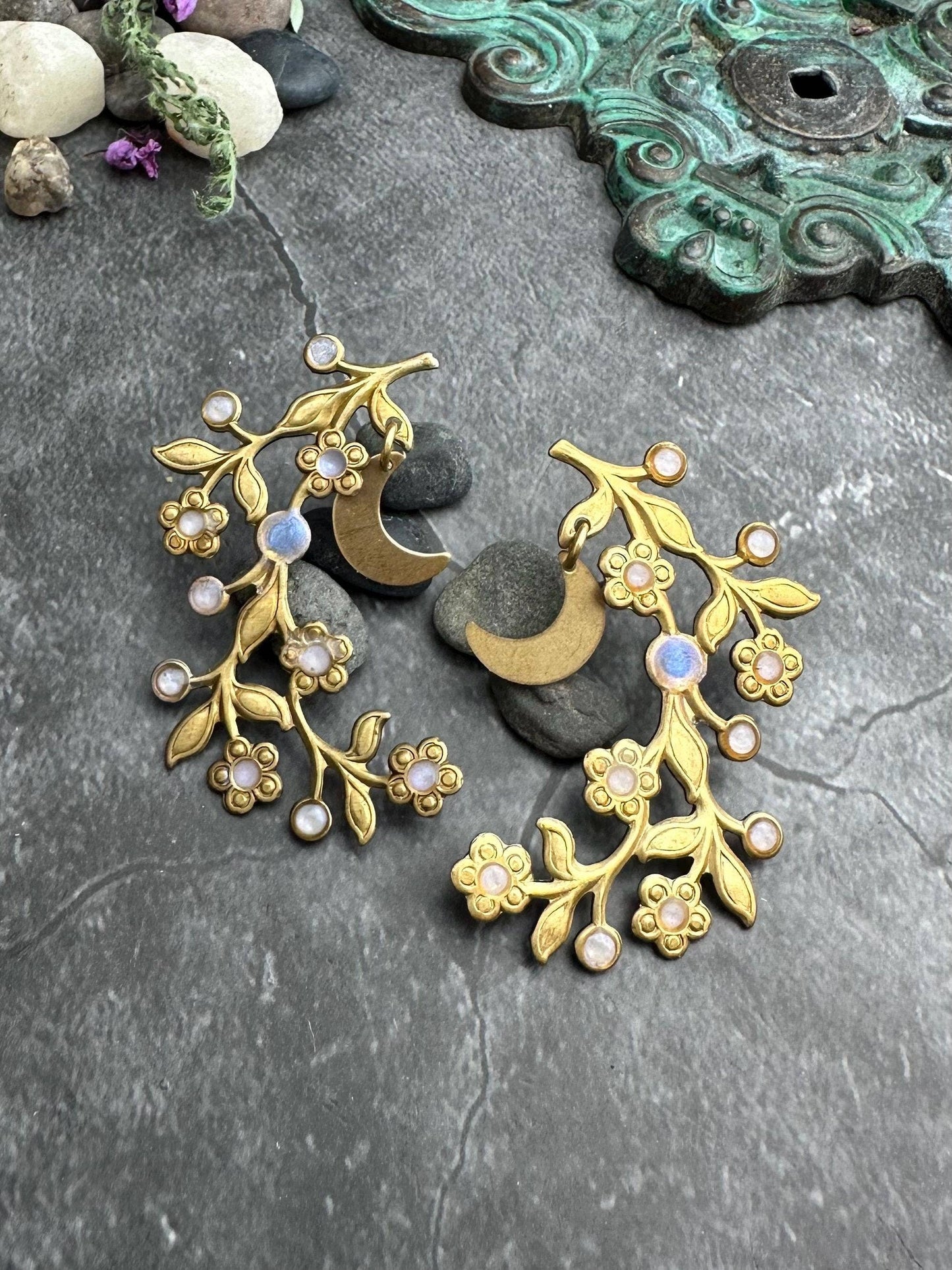Botanical Branch Crescent Earrings, Iridescent Resin Detail
