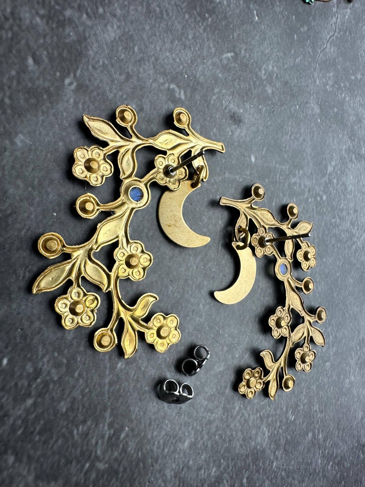 Botanical Branch Crescent Earrings, Iridescent Resin Detail