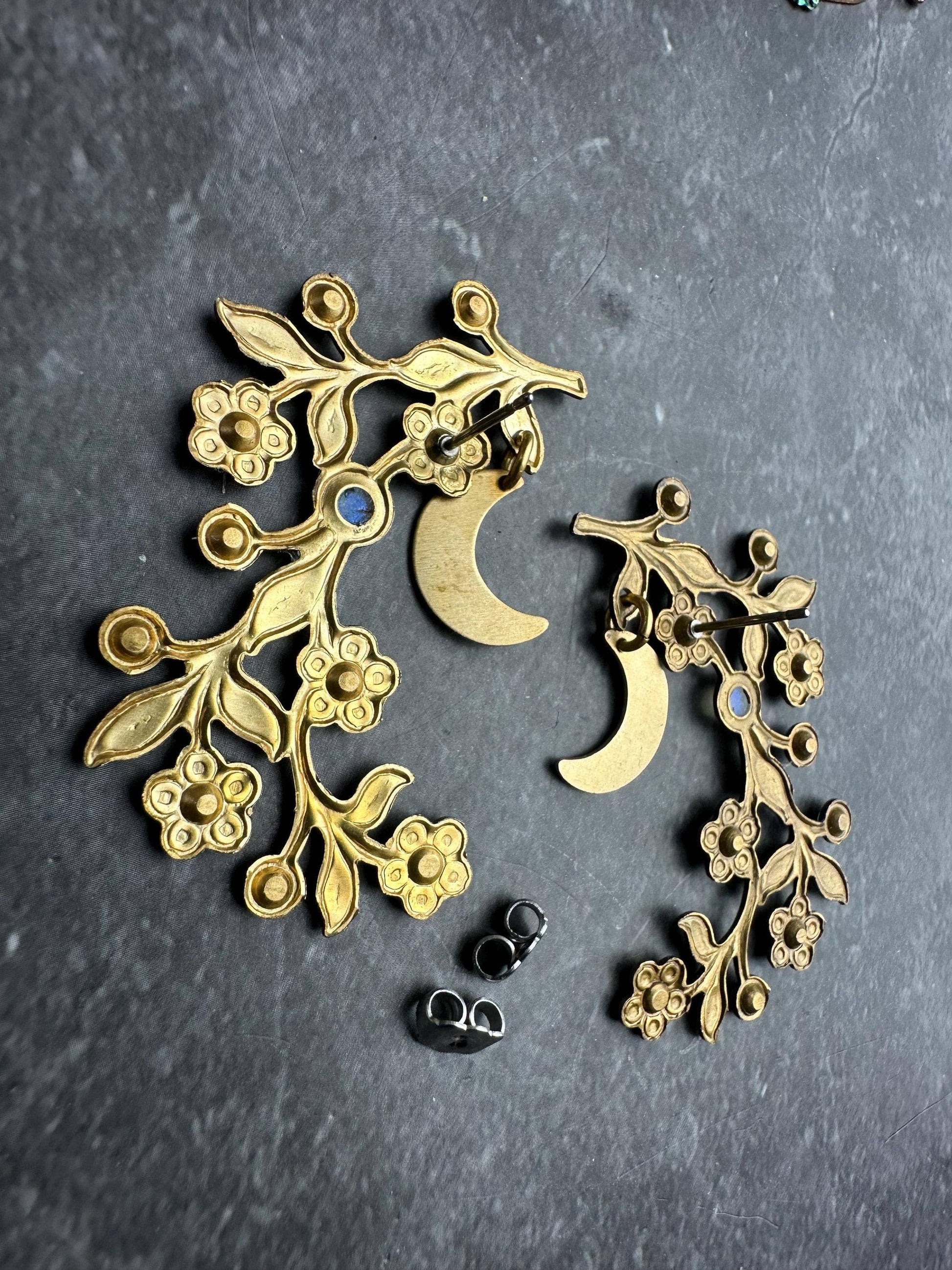 Botanical Branch Crescent Earrings, Iridescent Resin Detail