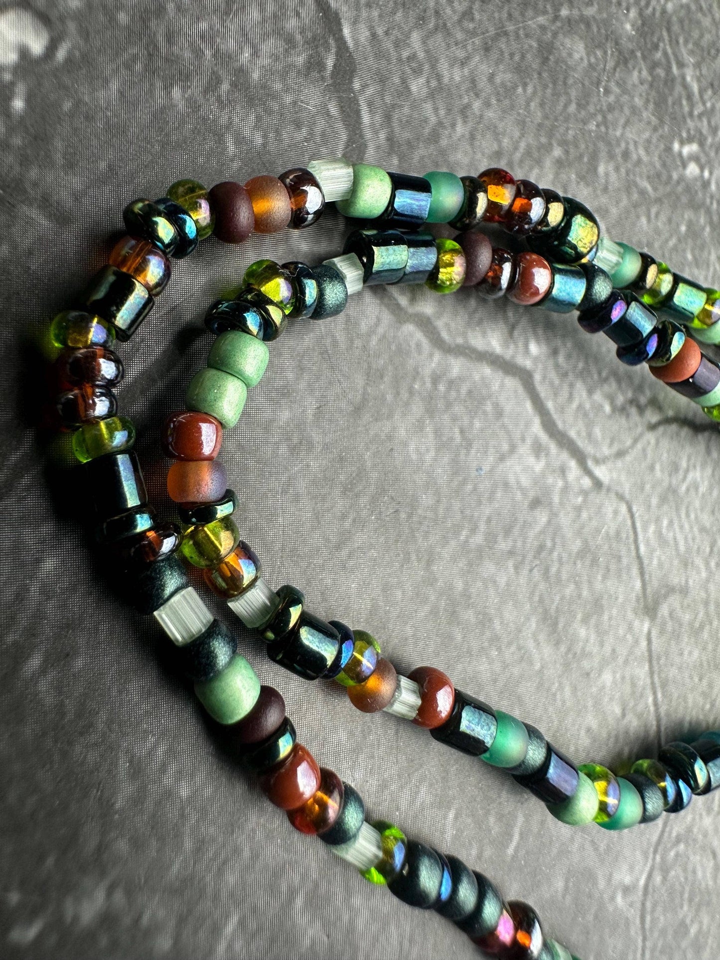Seed Bead Necklace - Bronze Sage Green Iridescent Glass