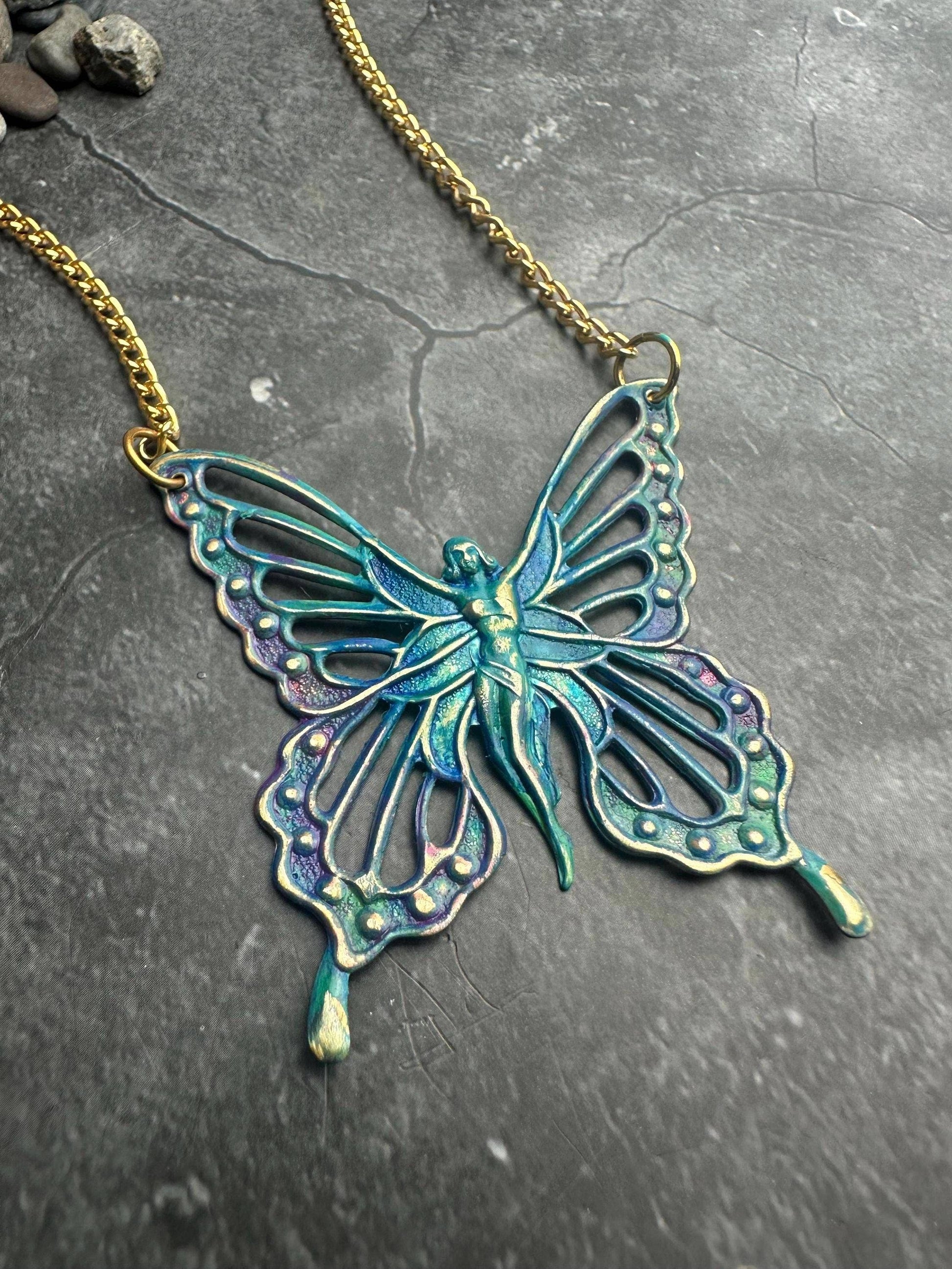 Fairy Butterfly Necklace - Solid Brass with Rainbow Patina