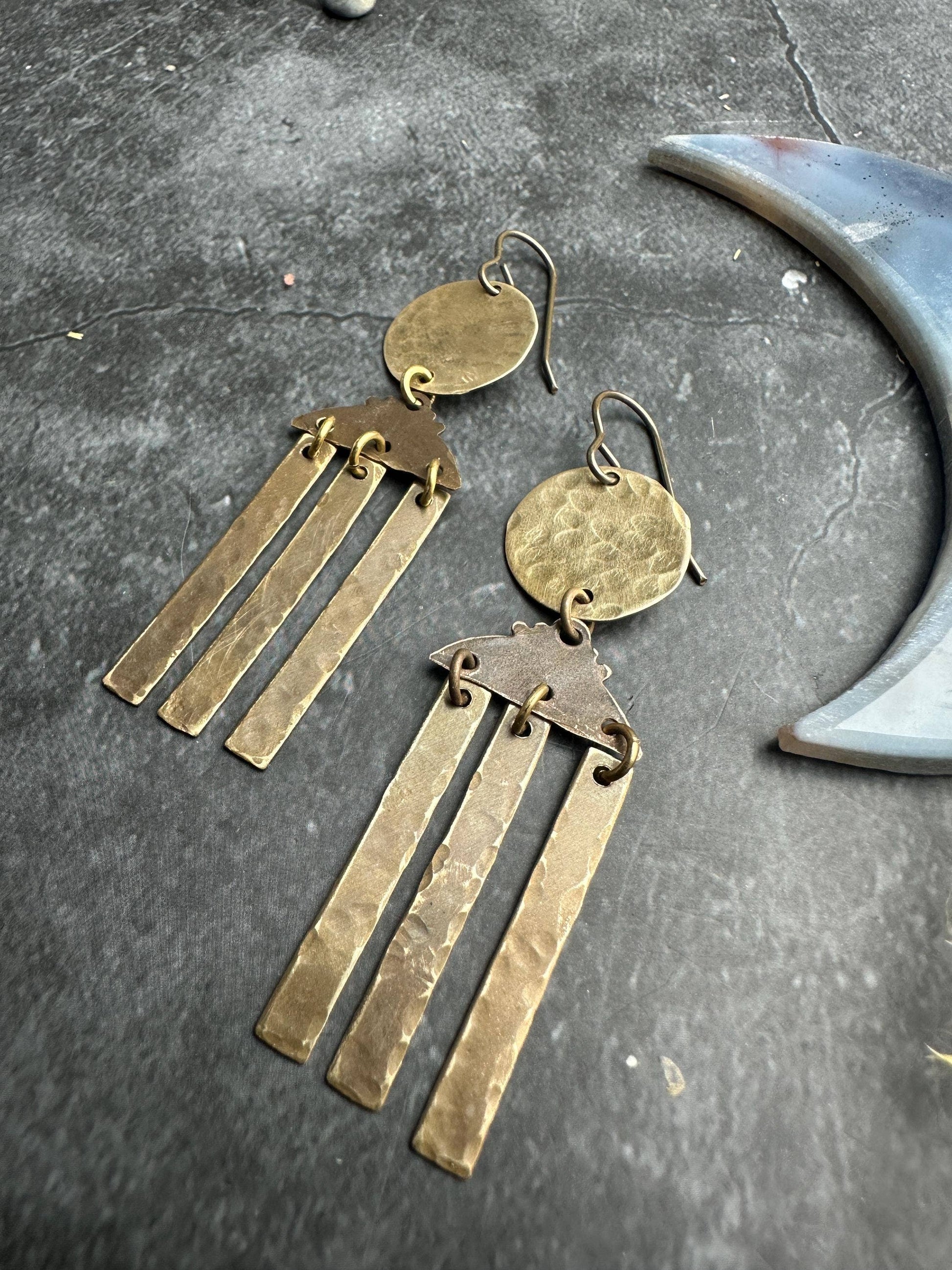 Rising Sun chandelier - Handmade Solid Beaten Brass Earrings